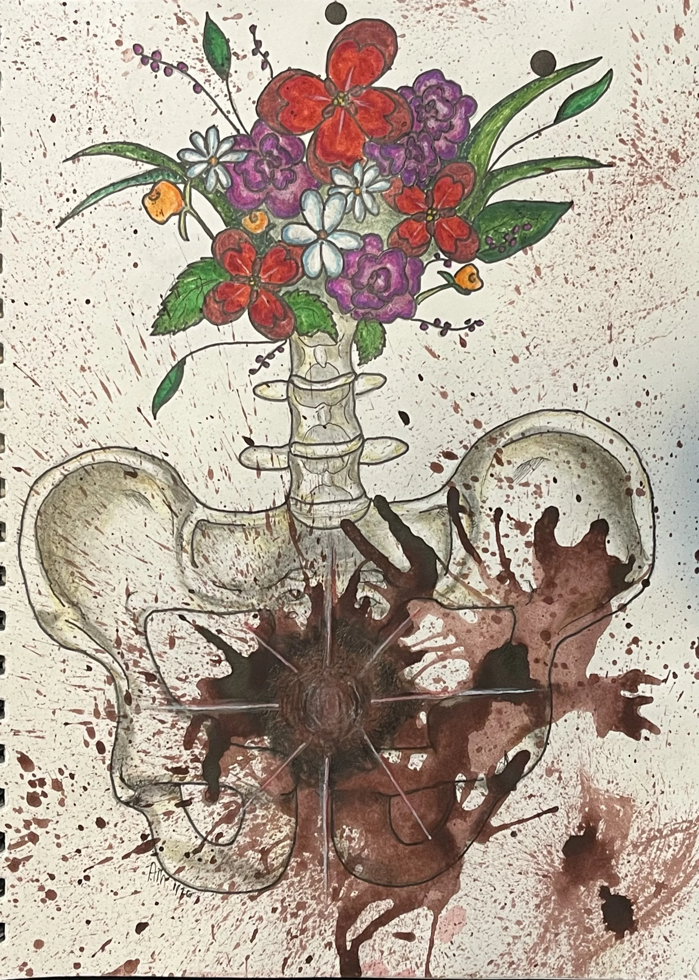 Hand-drawn illustration of a human heart with a glass vase filled with a bouquet of colorful flowers emerging from it, against a splattered brown-red background.