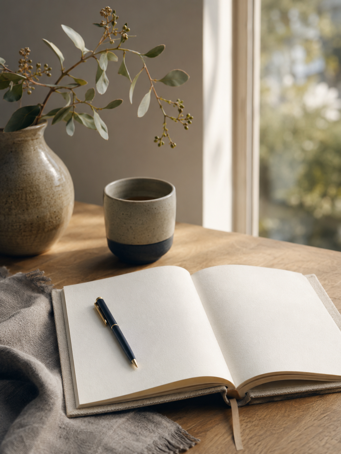 Open blank notebook with a blue pen on top, on a wooden table next to a beige and black ceramic mug filled with a beverage, beside a beige ceramic vase with leafy branches, with soft natural light coming through a window.