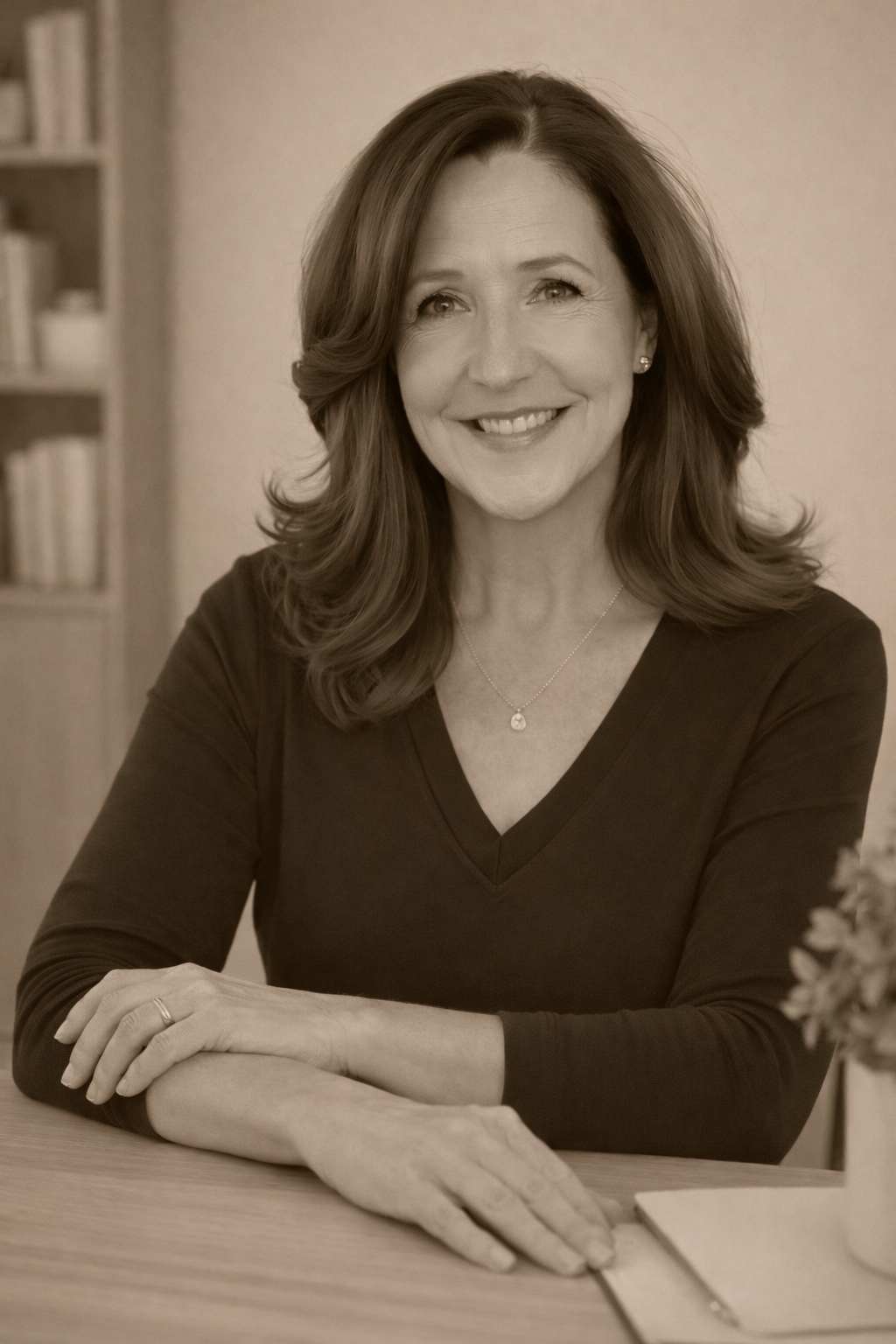 A smiling woman with shoulder-length wavy hair, wearing a dark V-neck top, sitting at a table with her hands resting on it, in a room with bookshelves in the background.