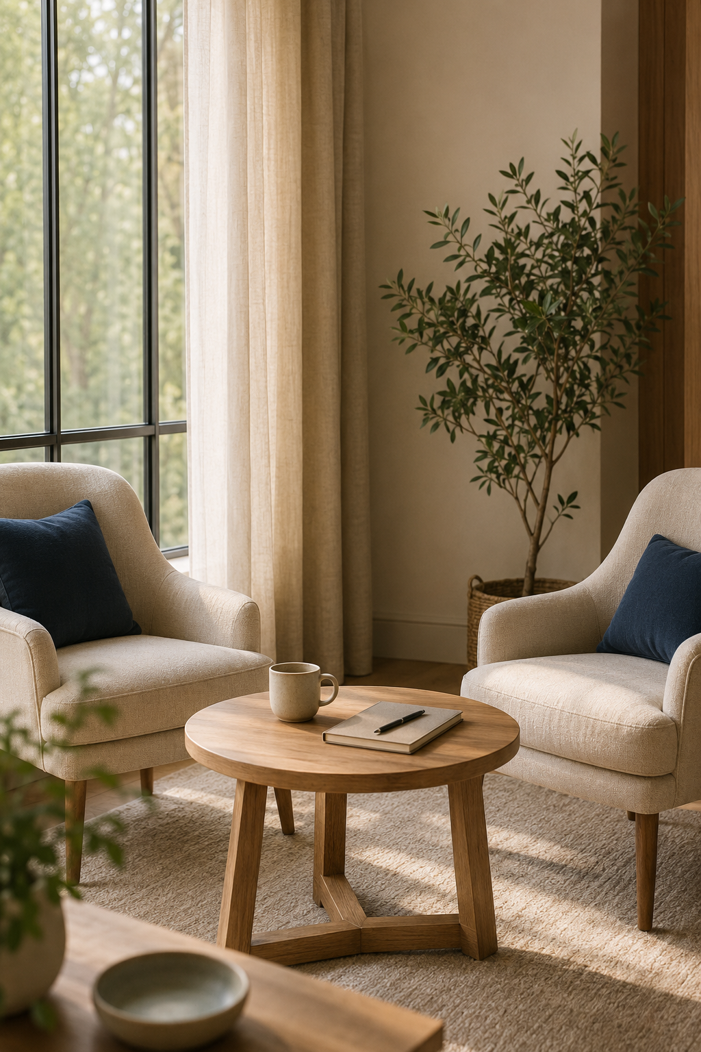 Cozy living room with two beige armchairs with dark blue pillows, a round wooden coffee table with a mug, notebook, and pen, large window with beige curtains, potted plant, and neutral-toned decor.