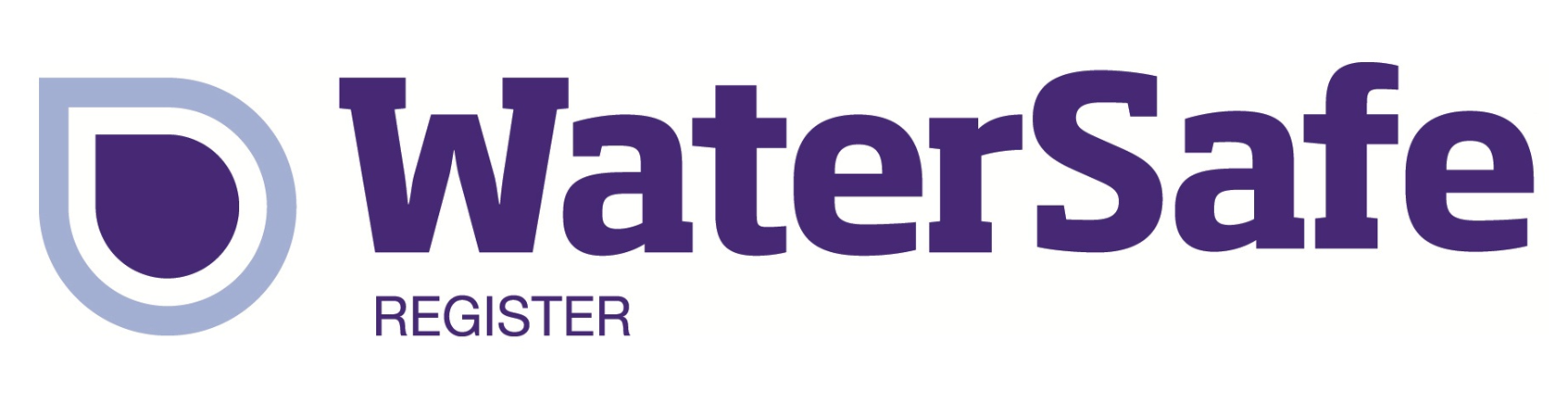 WaterSafe logo with a blue water droplet symbol and the text 'WaterSafe REGISTER' in purple.
