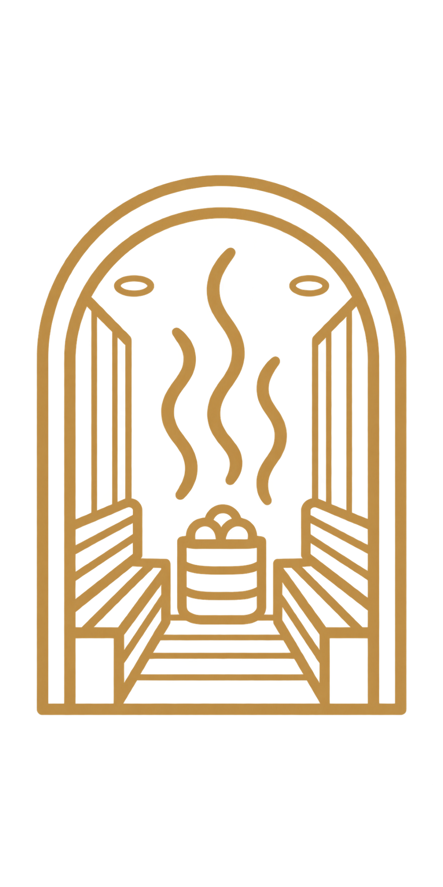 Outline of a steamy sauna with an arched entrance, seating benches on either side, and steam rising inside.