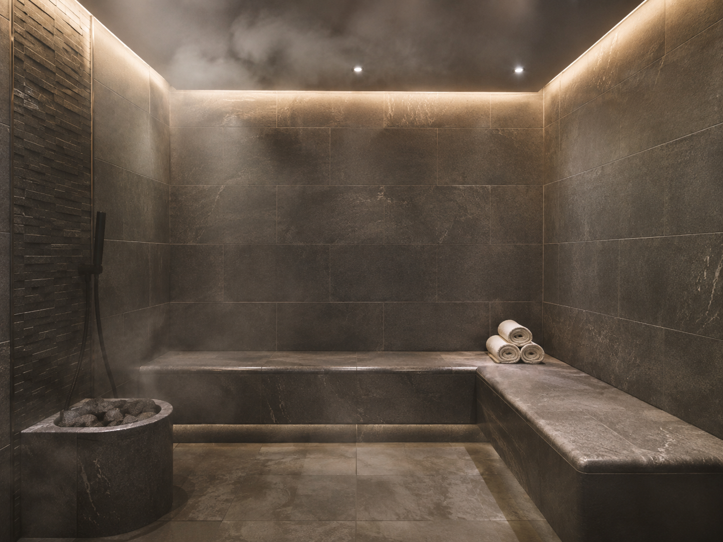 A modern steam room with dark gray stone tiles, a built-in bench, rolled towels, and a bucket of stones with a shower head.