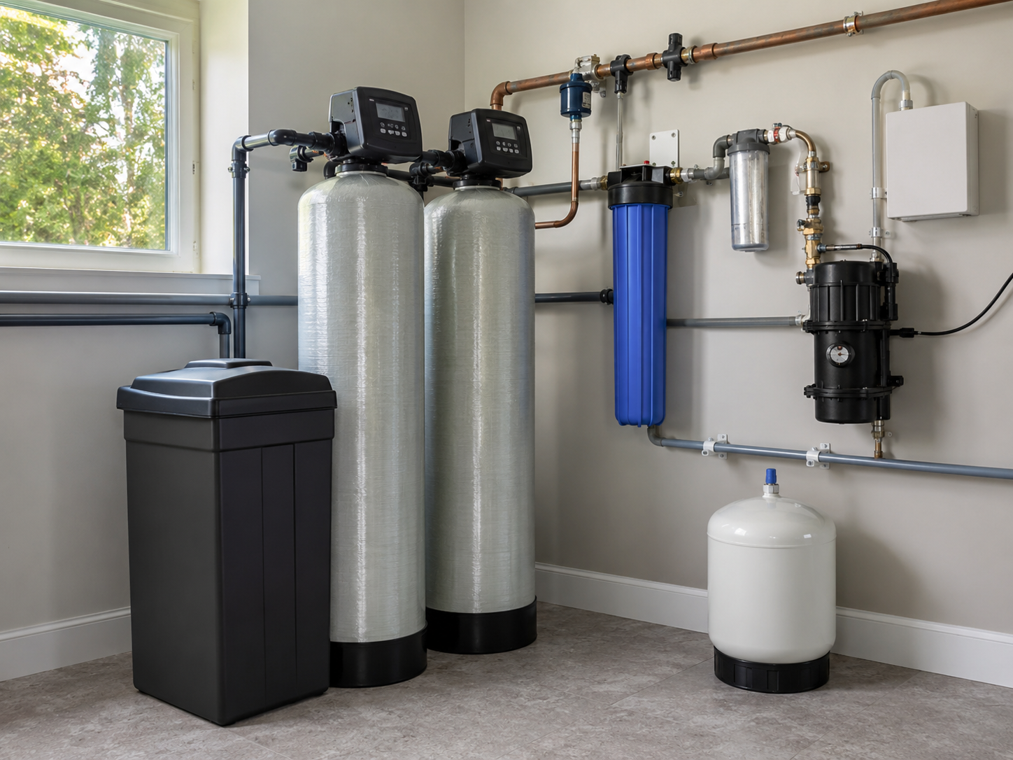 Water softening system with filtration units, piping, and tanks installed in a utility room next to a window.