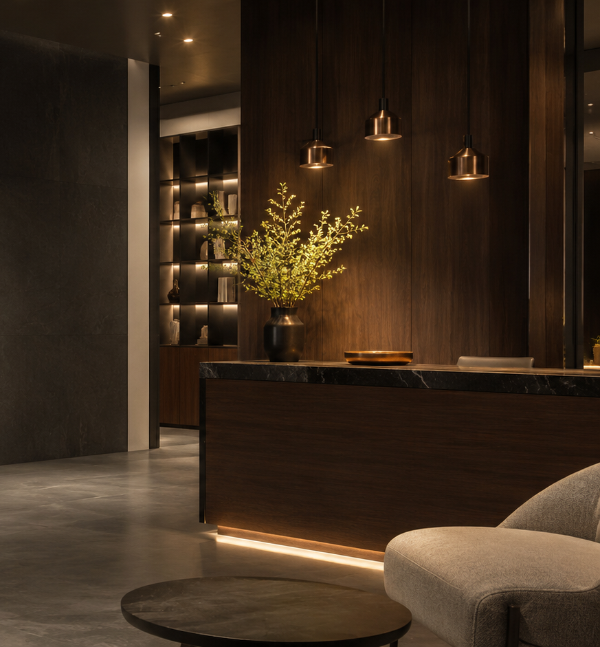 Modern hotel or office reception area with dark wood accents, a vase with yellow flowers on the counter, pendant lighting, and minimalist decor.