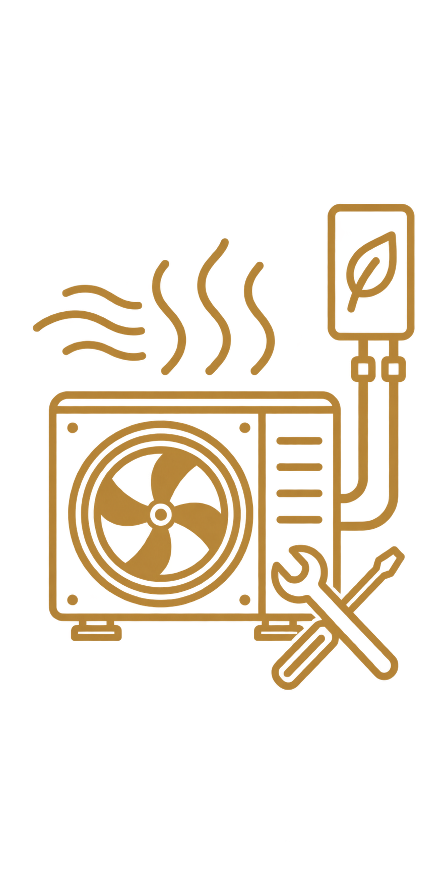 Gold line drawing of a portable air conditioning unit with steam lines above it, a temperature sensor with a leaf icon, and a screwdriver and wrench crossed below.