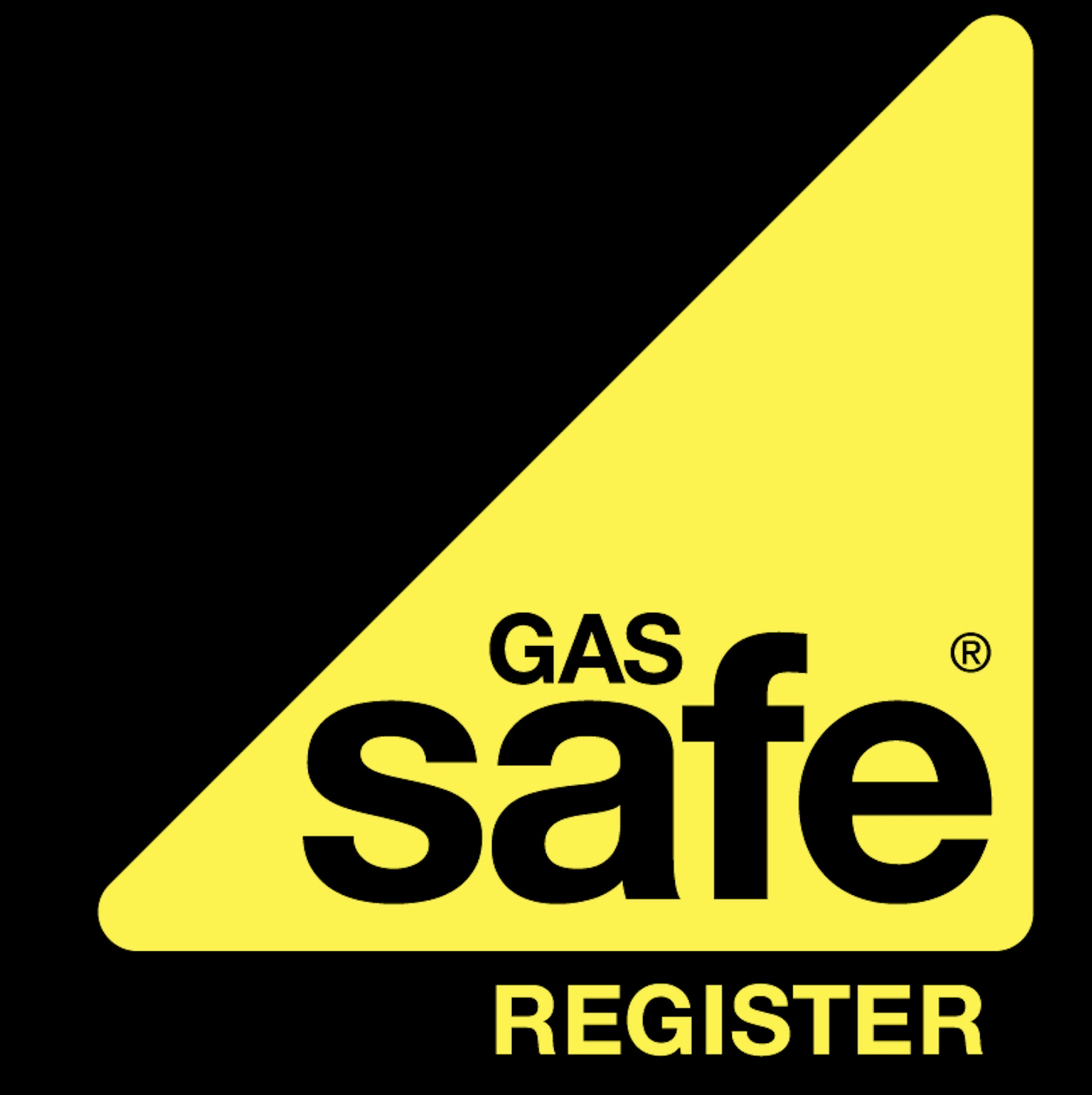 The image features a prominent yellow and black caution sign with the words "GAS safe REGISTER" written on it.