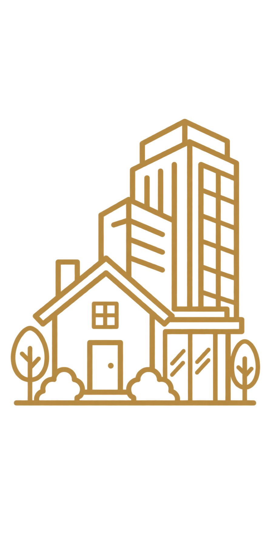 Outline illustration of a small house, a taller building, and a park with trees.