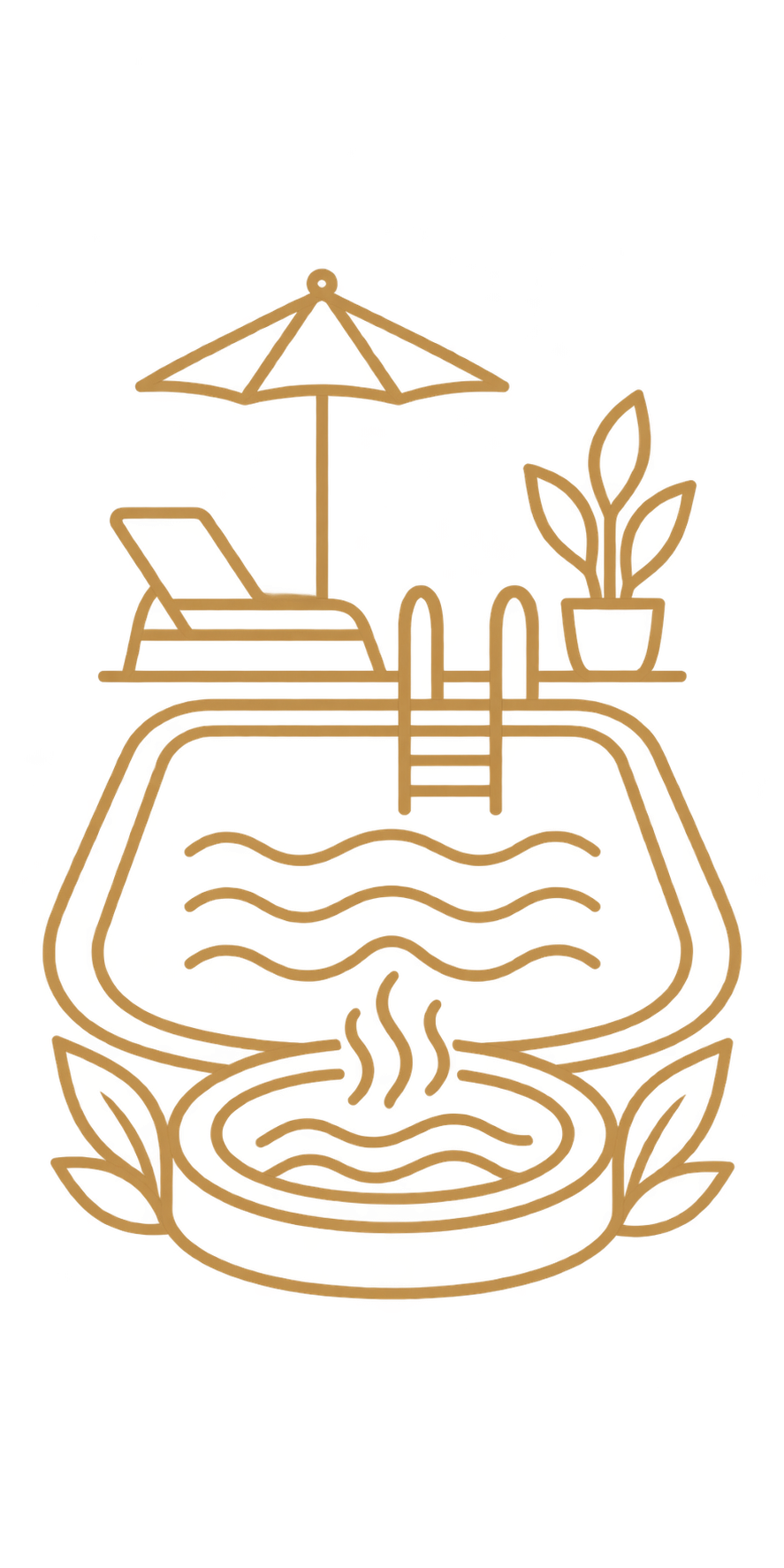 A neon outline of a backyard scene with a pool, lounge chair with umbrella, step ladder, potted plant, and a small fire pit surrounded by leaves.