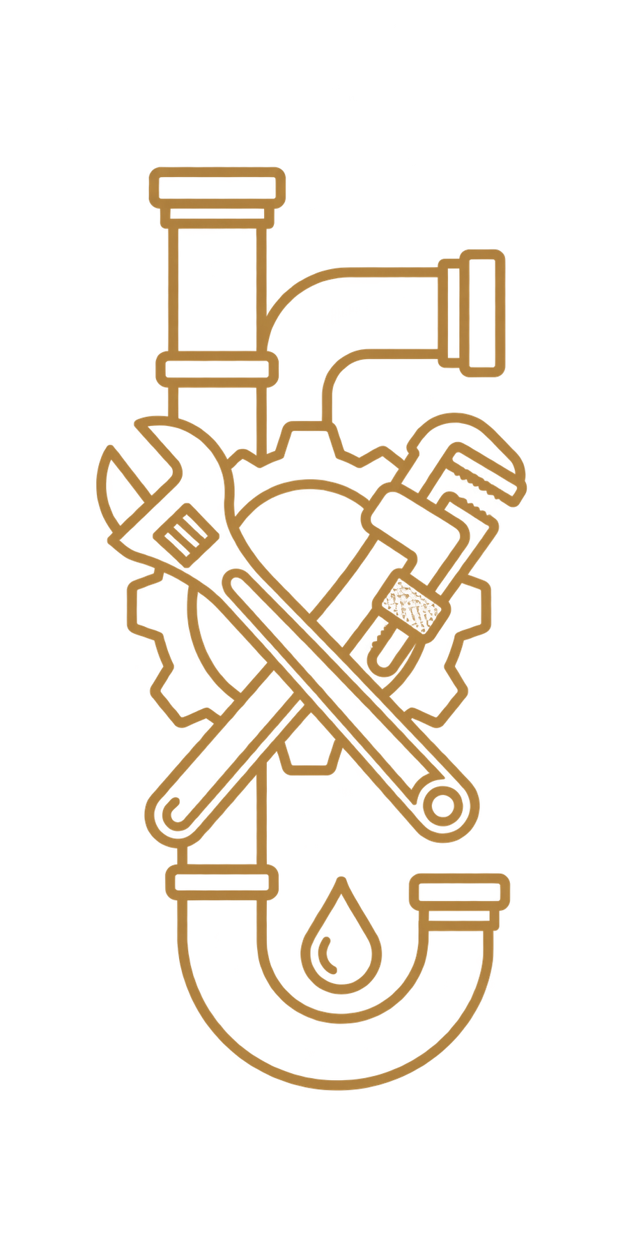 Neon line art of plumbing tools, pipes, a gear, and a water droplet, arranged vertically, illustrating plumbing and repair services.