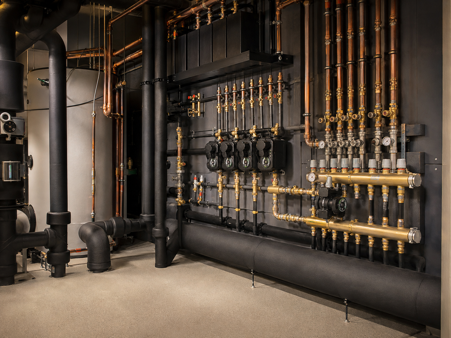 Industrial plumbing system with black and copper pipes, valves, pressure gauges, and connectors mounted on a dark wall.
