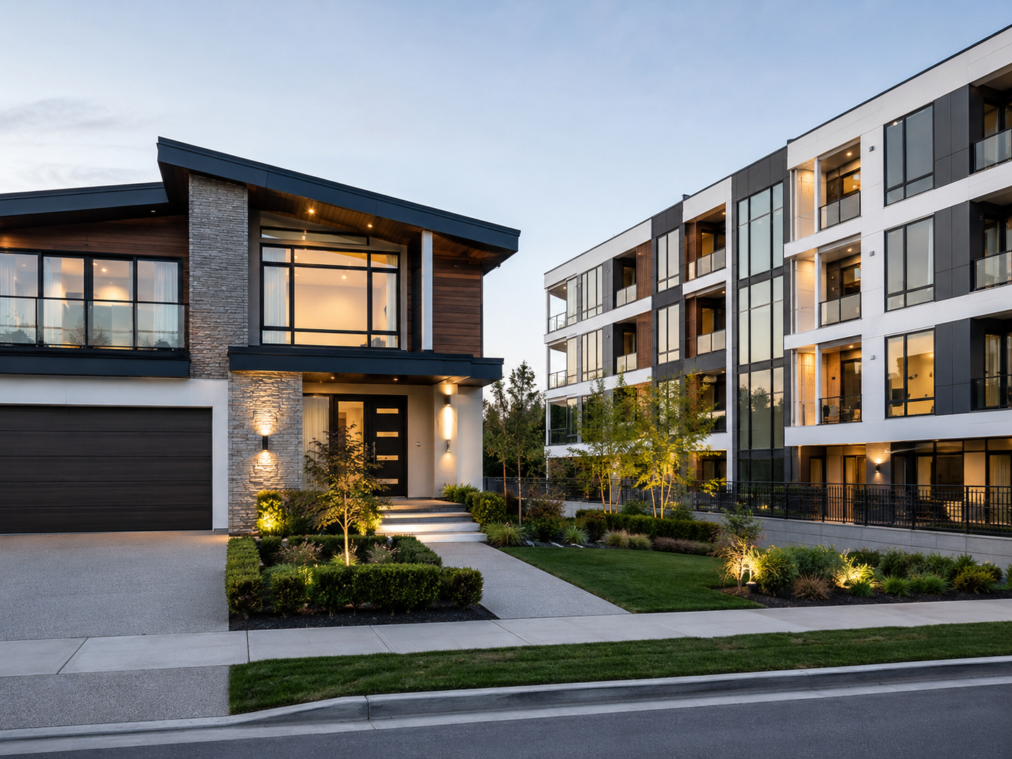 Modern residential buildings with a landscaped front yard, trees, and outdoor lighting, taken during dusk.