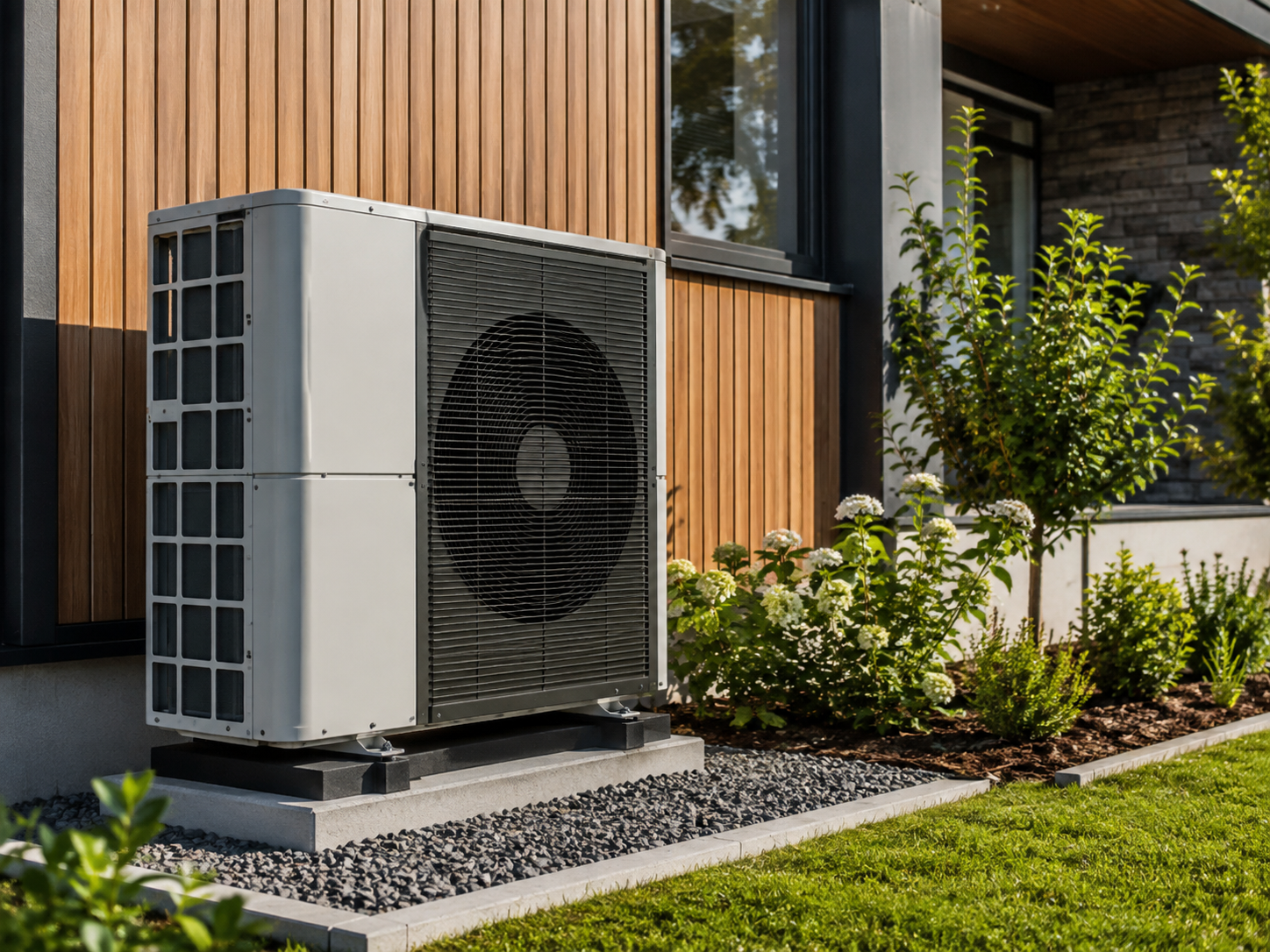 An outdoor air conditioning unit installed beside a modern house with wooden siding and large windows, surrounded by landscaping and flowers.