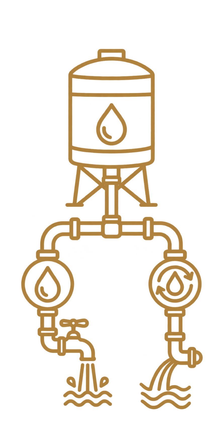 Gold outline of an oil drilling rig with pipes and water splash at the bottom.