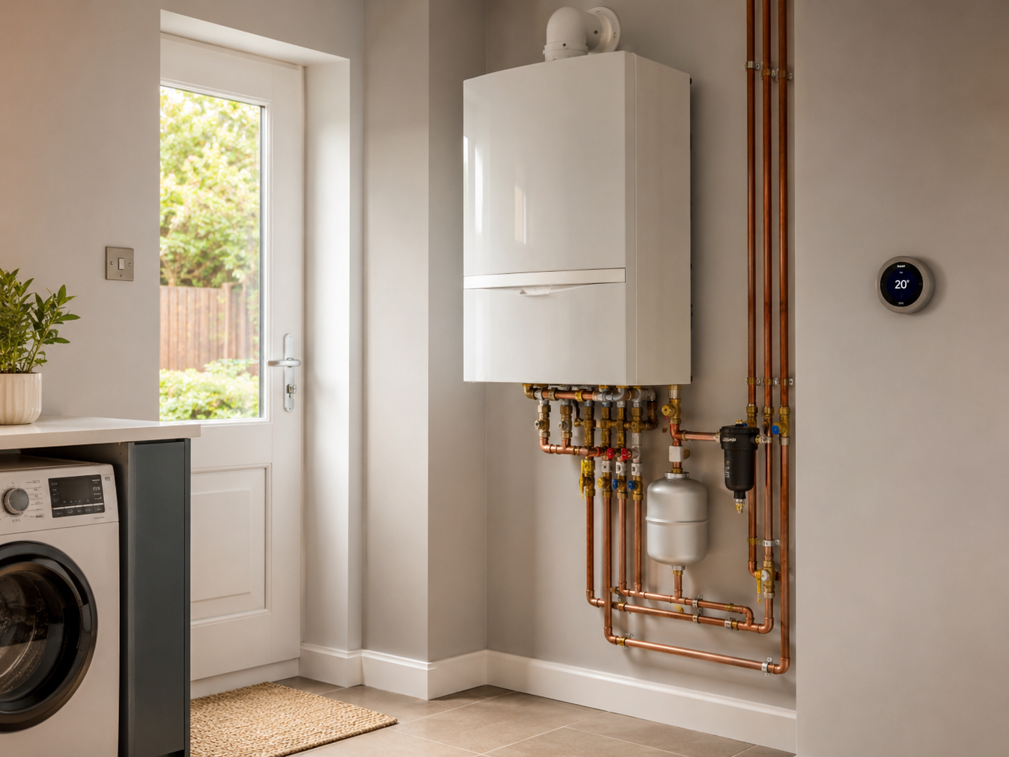 The image shows a laundry room with a white washing machine, a potted plant, a window, and a door leading outside. On the wall, there is a heating or cooling control panel, and a white boiler unit with pipes underneath.