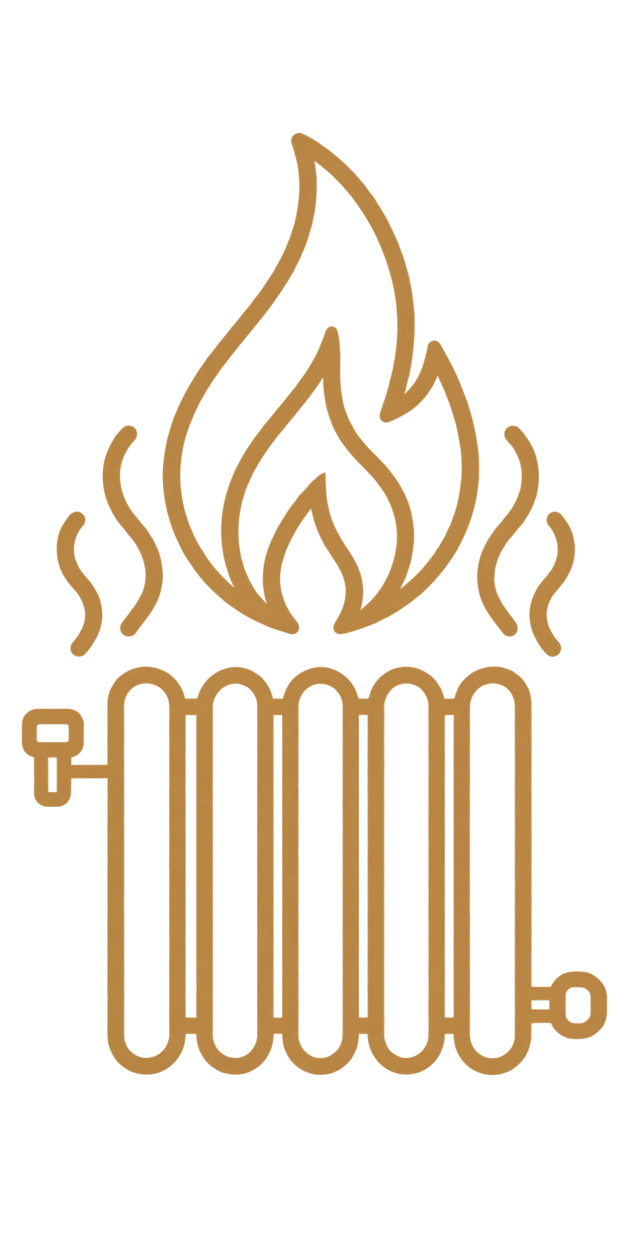 Line drawing of a lit torch flame above a stylized trap with a hammer and two vertical bars on either side. The entire drawing is in gold color on a black background.
