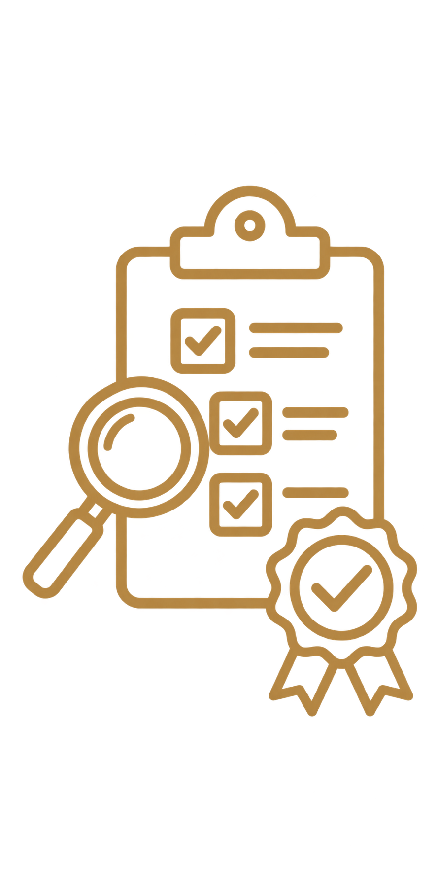 Outline of a clipboard with checklists, a magnifying glass, and a ribbon badge, symbolizing verification or achievement.