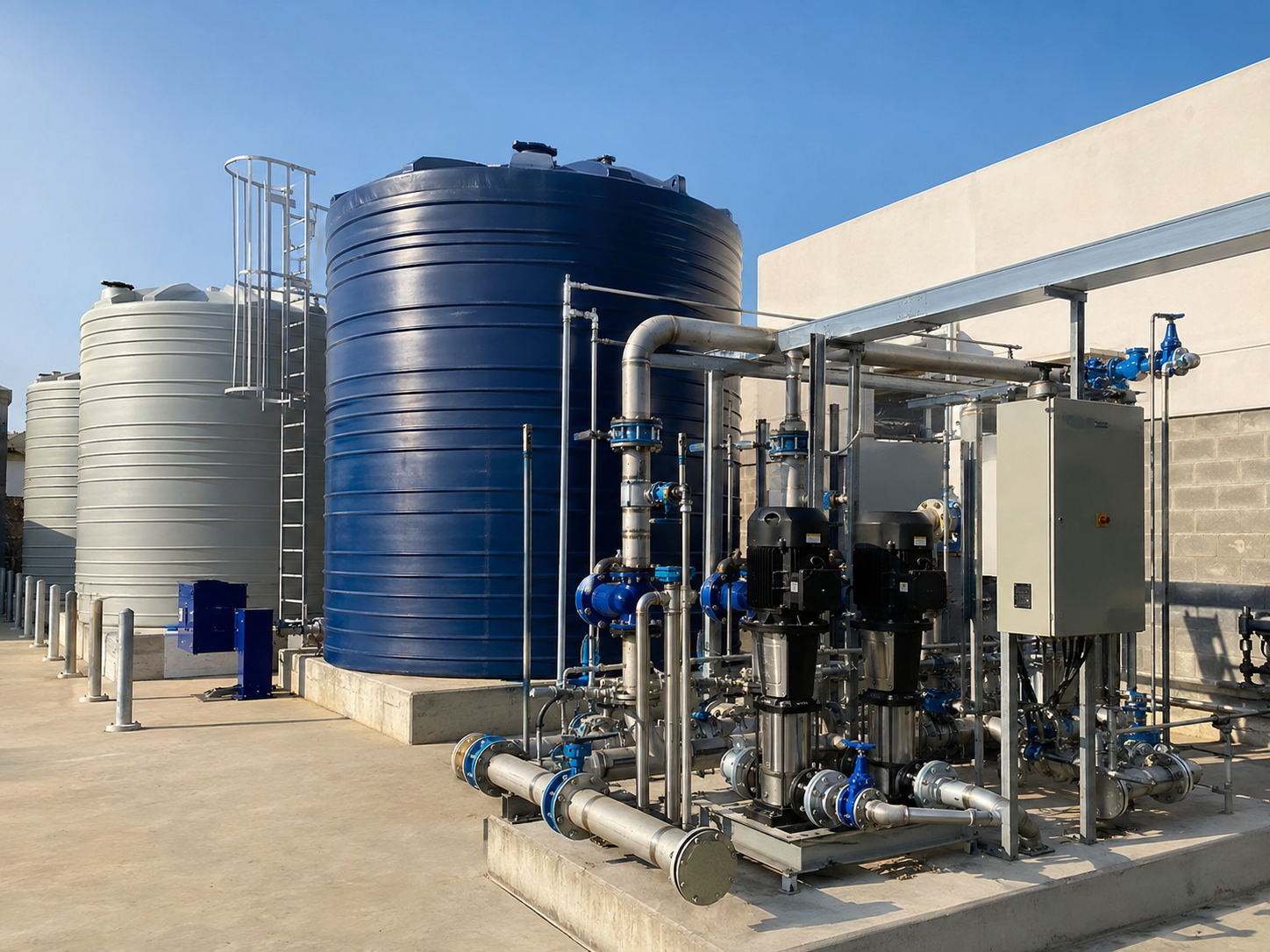 Industrial water tanks and equipment with pipes and valves outside on concrete, under a clear blue sky.