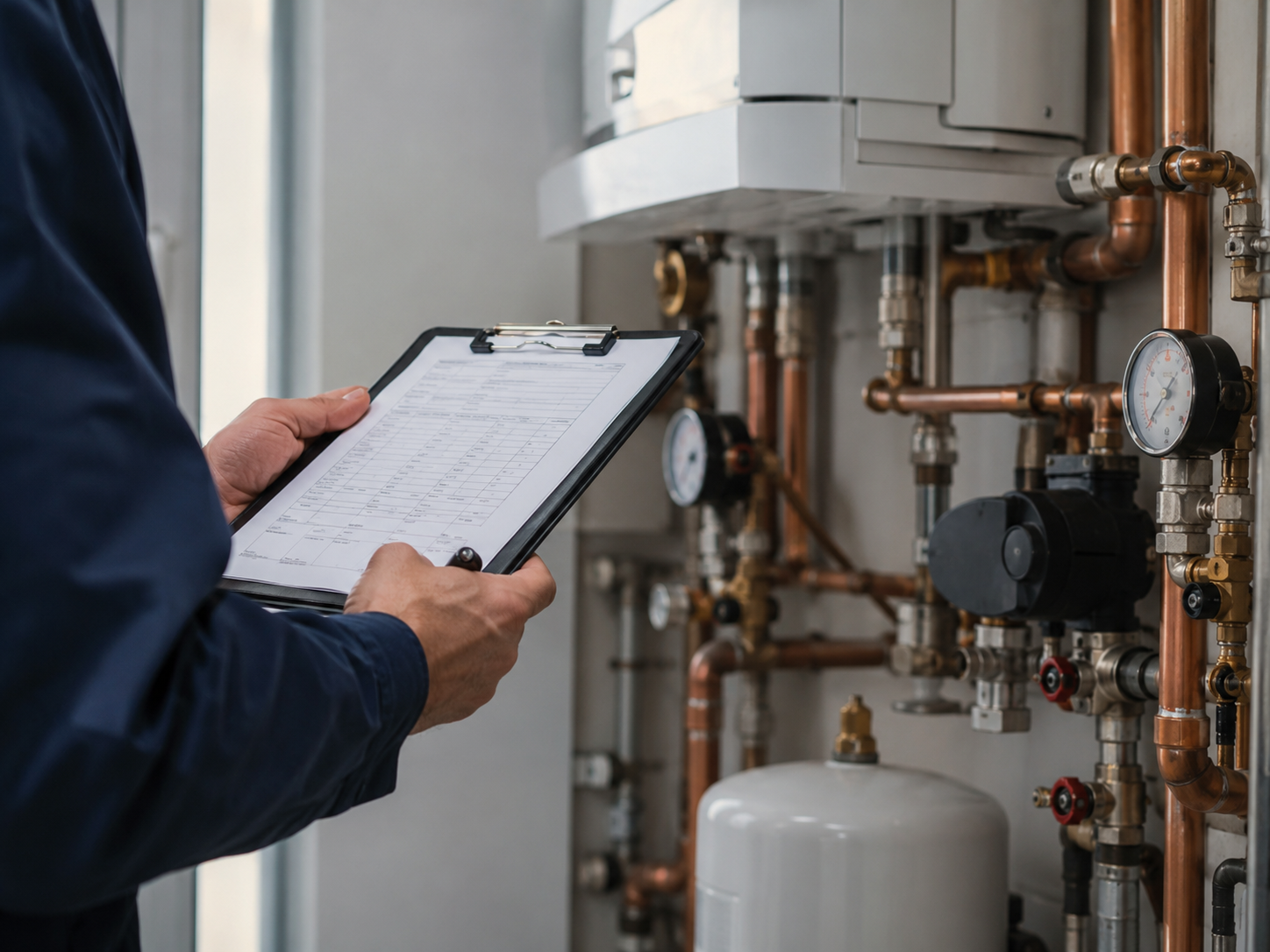 A person in a dark jacket holding a clipboard and writing instrument, standing next to a wall of plumbing pipes and gauges, inspecting or recording data.