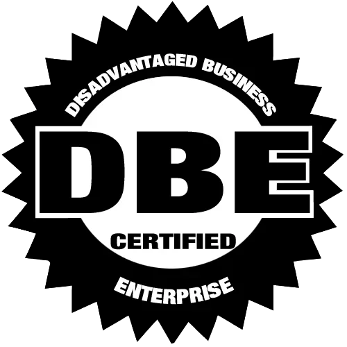 Designated Business Enterprise (DBE) Certified logo with text indicating status for disadvantaged business enterprise.