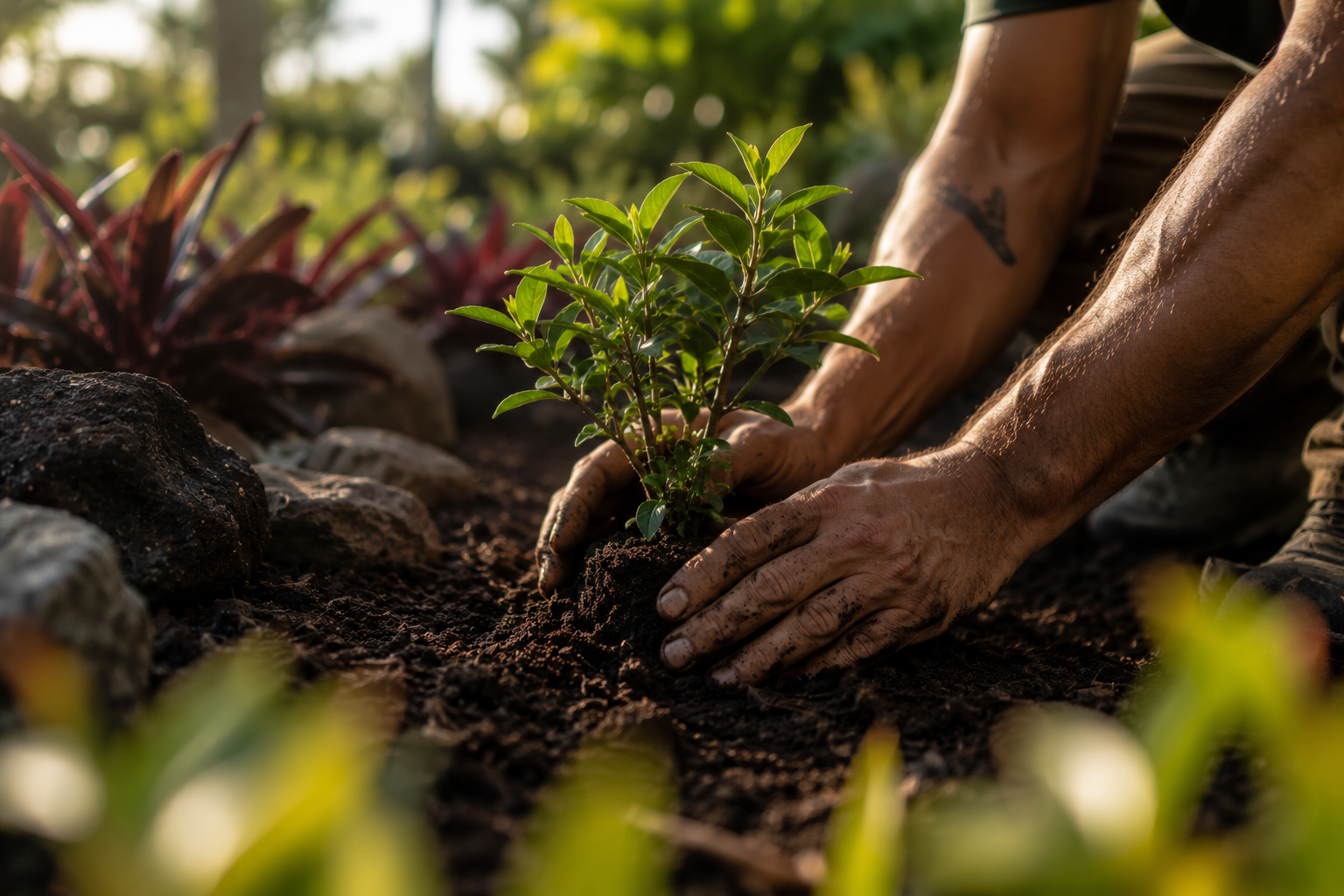 Close-up of a person planting a small green bush into the soil during daylight, surrounded by rocks and other plants.