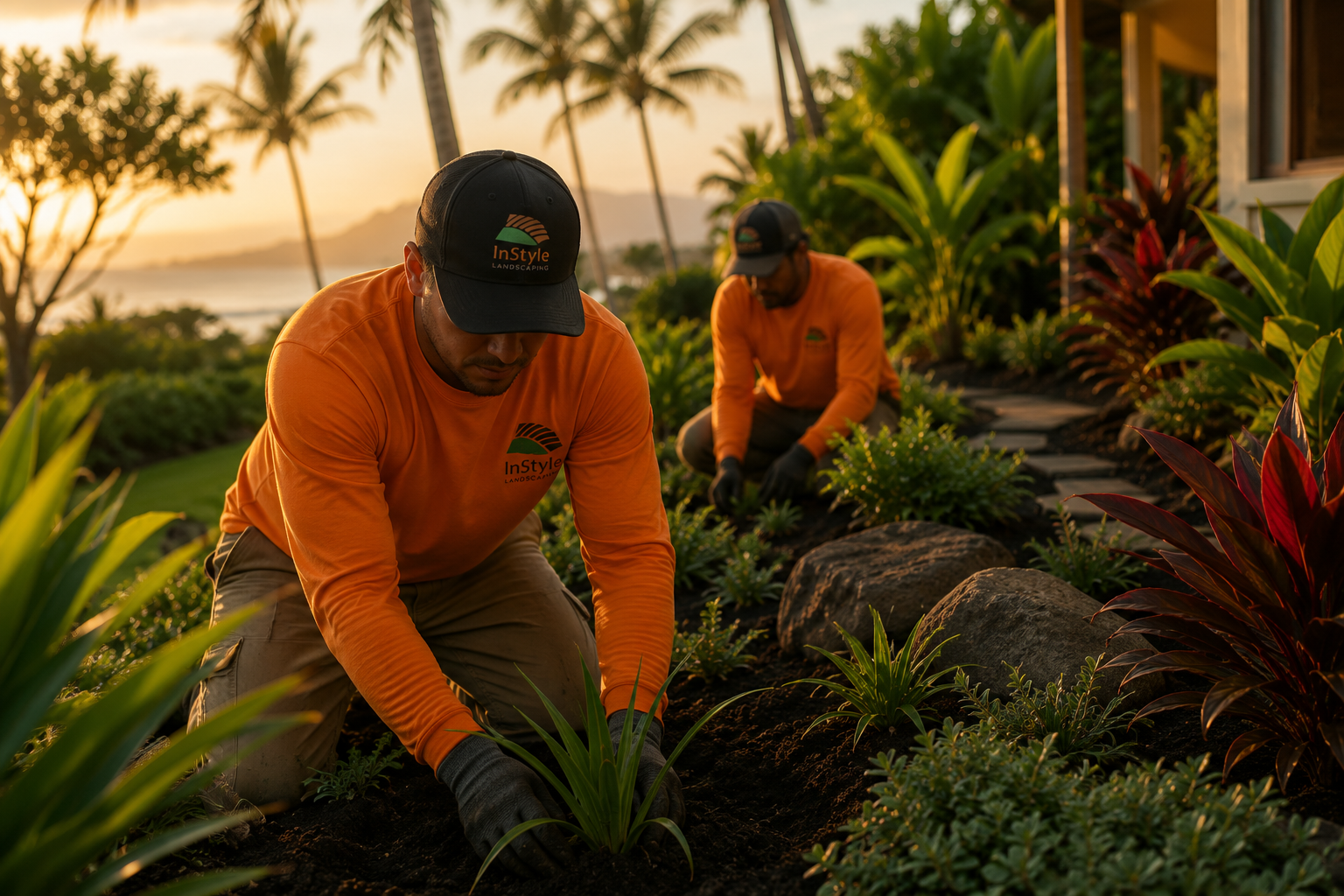 Two landscapers planting flowers in a garden during sunset, wearing orange shirts with a logo, with palm trees and a sunset in the background.