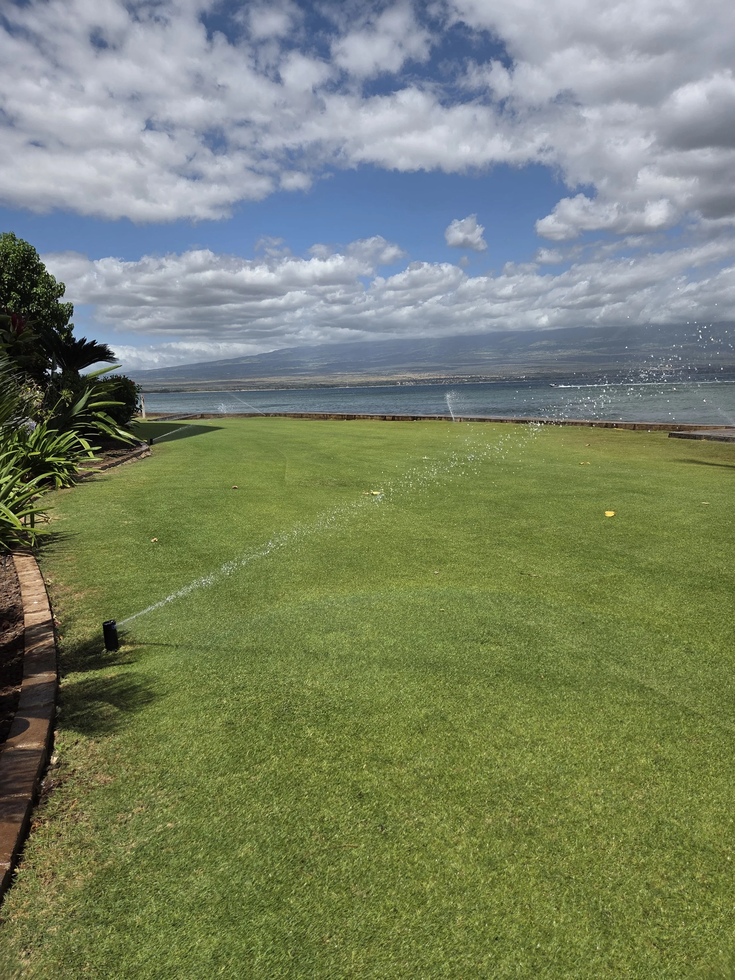 Lush green lawn with sprinkler watering, trees on the left, a body of water in the background, mountain and cloudy sky in the distance.