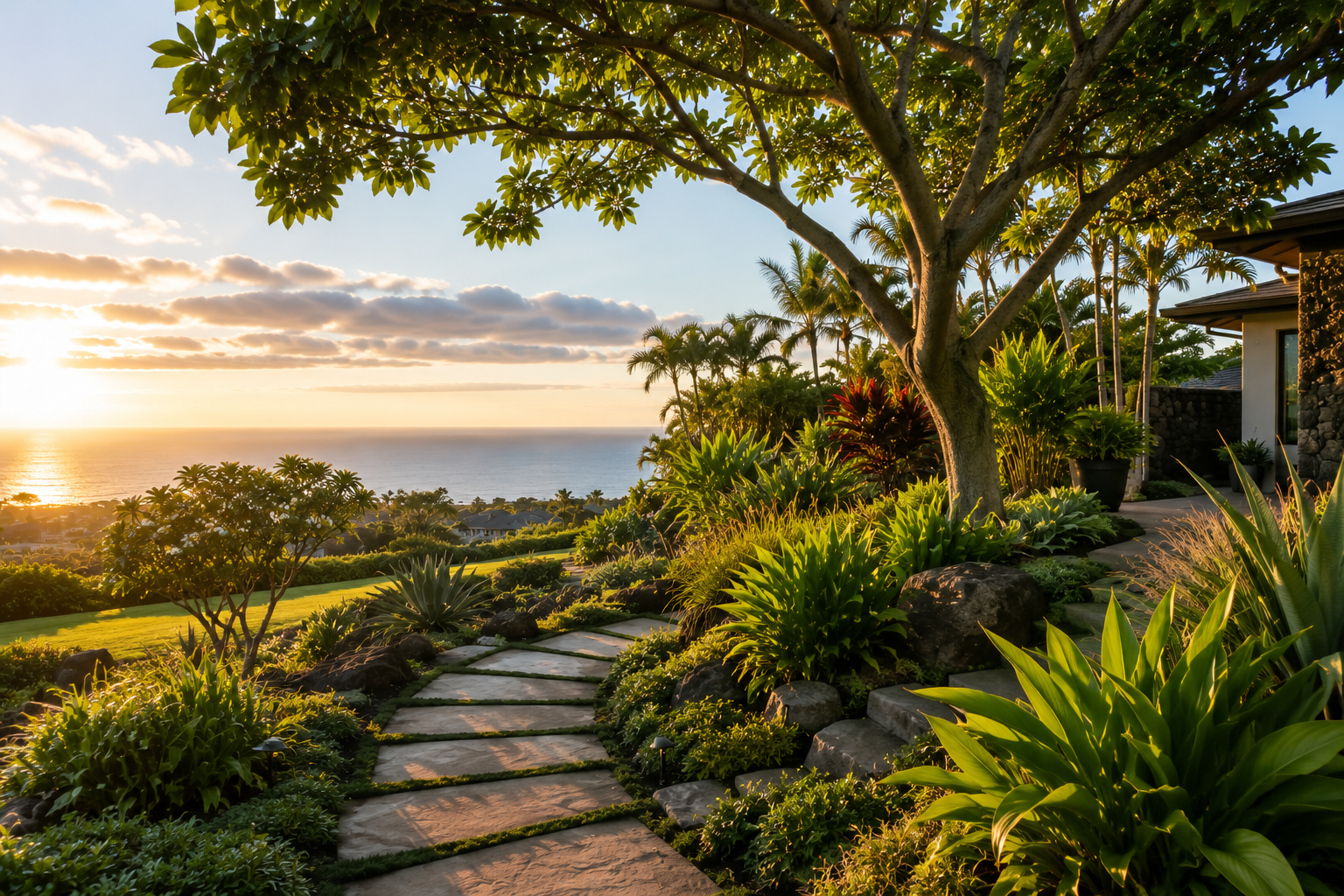 Sunset view over a lush garden with a stone pathway, tropical plants, and trees overlooking the ocean in the background.