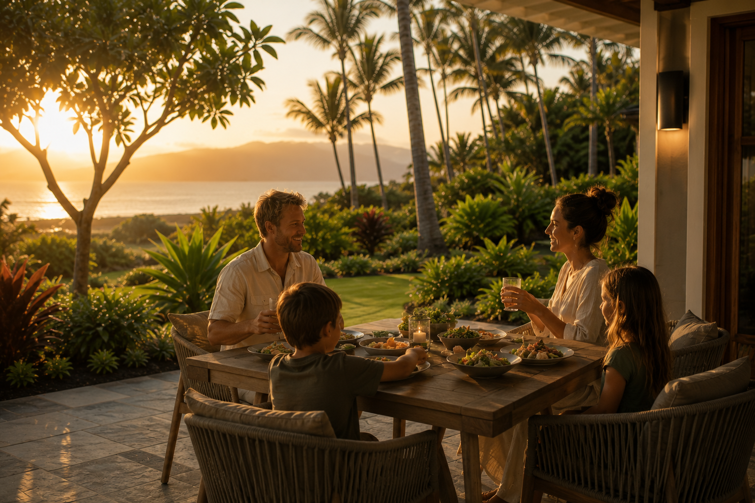 A family of four enjoying an outdoor dinner at sunset on a patio with a view of the ocean and palm trees.