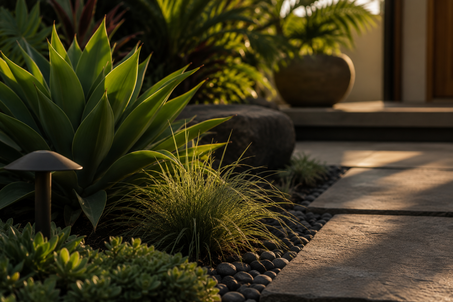 A landscaped garden with succulents and ornamental grasses illuminated by warm sunlight, featuring large stone and potted plants, with a stone pathway.