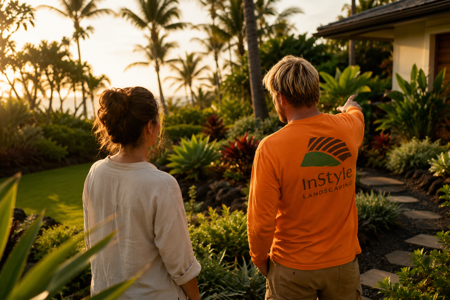 A man and woman in a tropical garden during sunset, with the man pointing towards the distance. The man wears an orange shirt with the words 'InStyle Landscaping' and the woman has curly hair tied back, wearing a light-colored long-sleeve shirt.