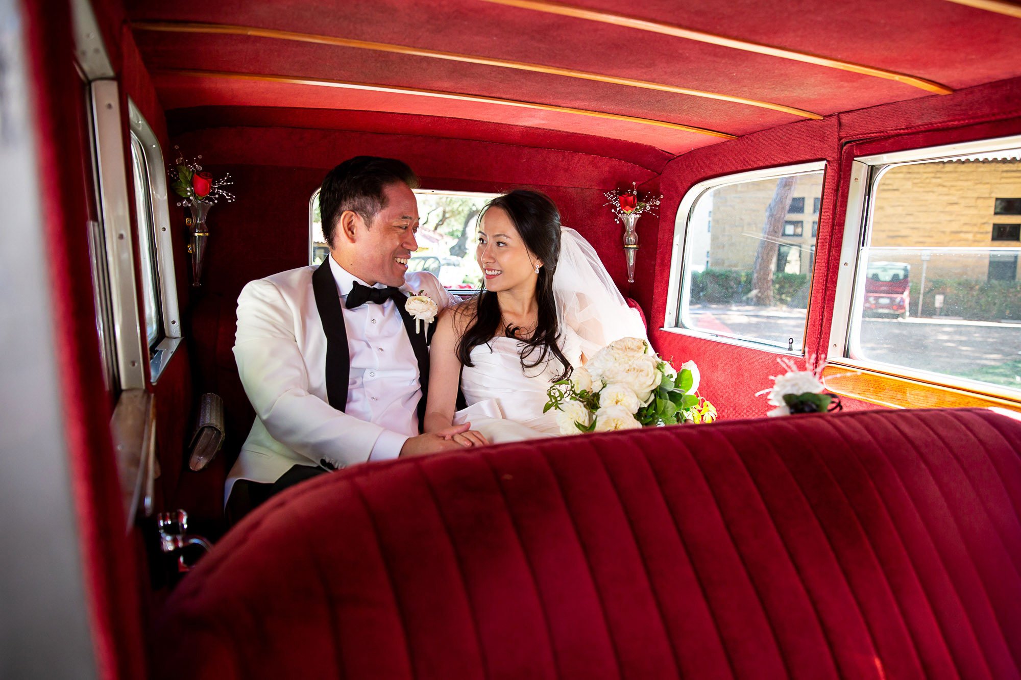 Bride and groom outside Stanford Memorial Church before their Filoli Gardens reception