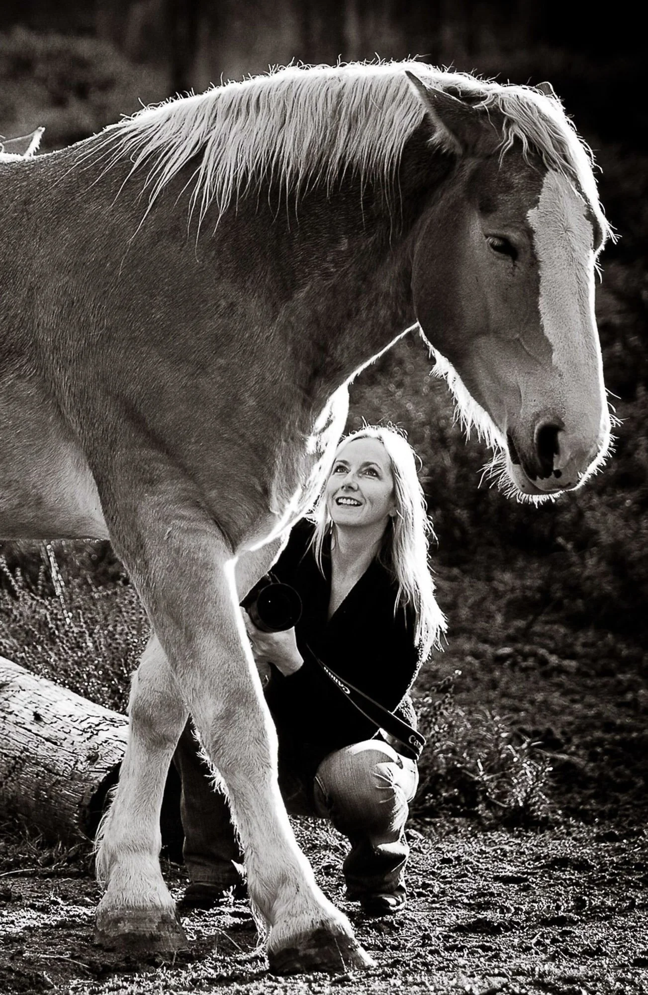Tara Arrowood kneeling outdoors, holding a camera, and looking up at a large horse with a white mane, against a blurred background.