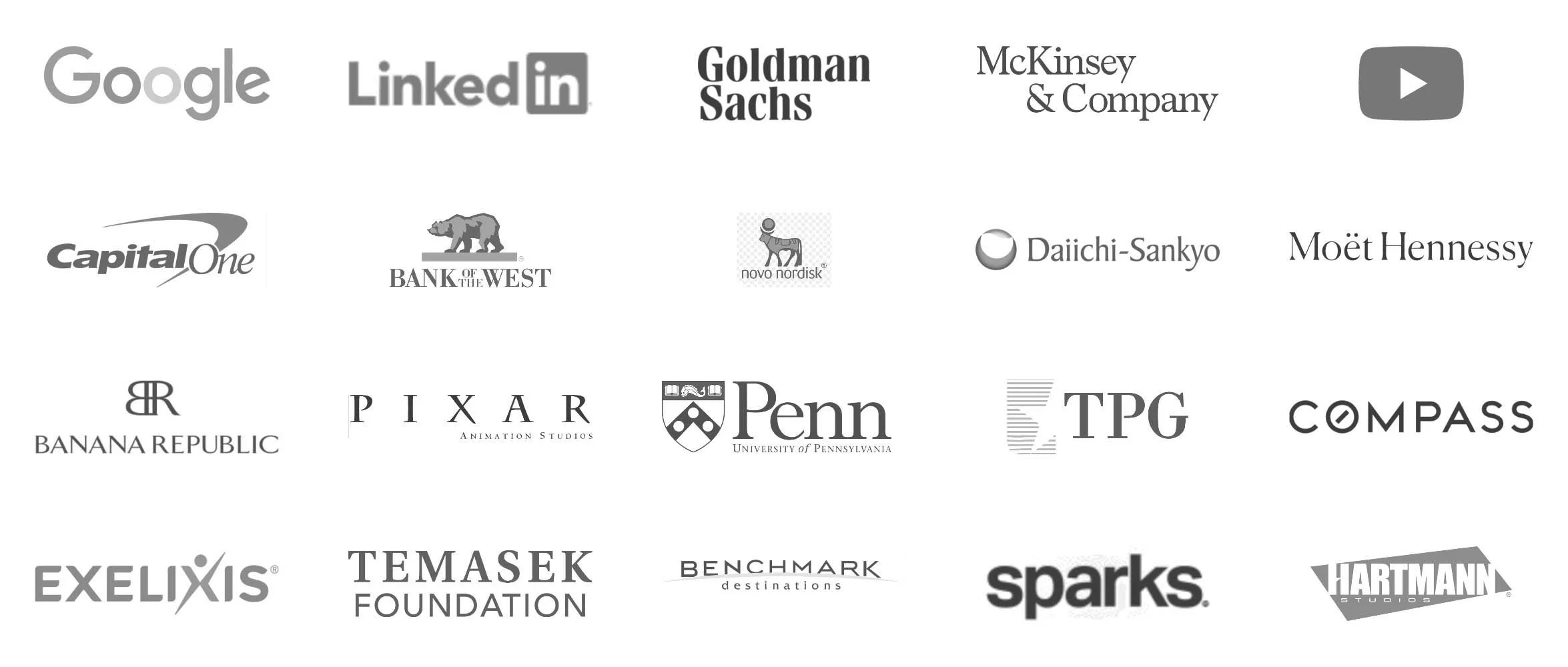 Collection of grayscale corporate logos including Google, LinkedIn, Goldman Sachs, McKinsey & Company, YouTube, Capital One, Bank of the West, Novo Nordisk, Daiichi-Sankyo, Moët Hennessy, Banana Republic, Pixar, Penn, TPG, Compass, Exelixis, Temasek Foundation, Benchmark, Sparks, Hartmann Studios.