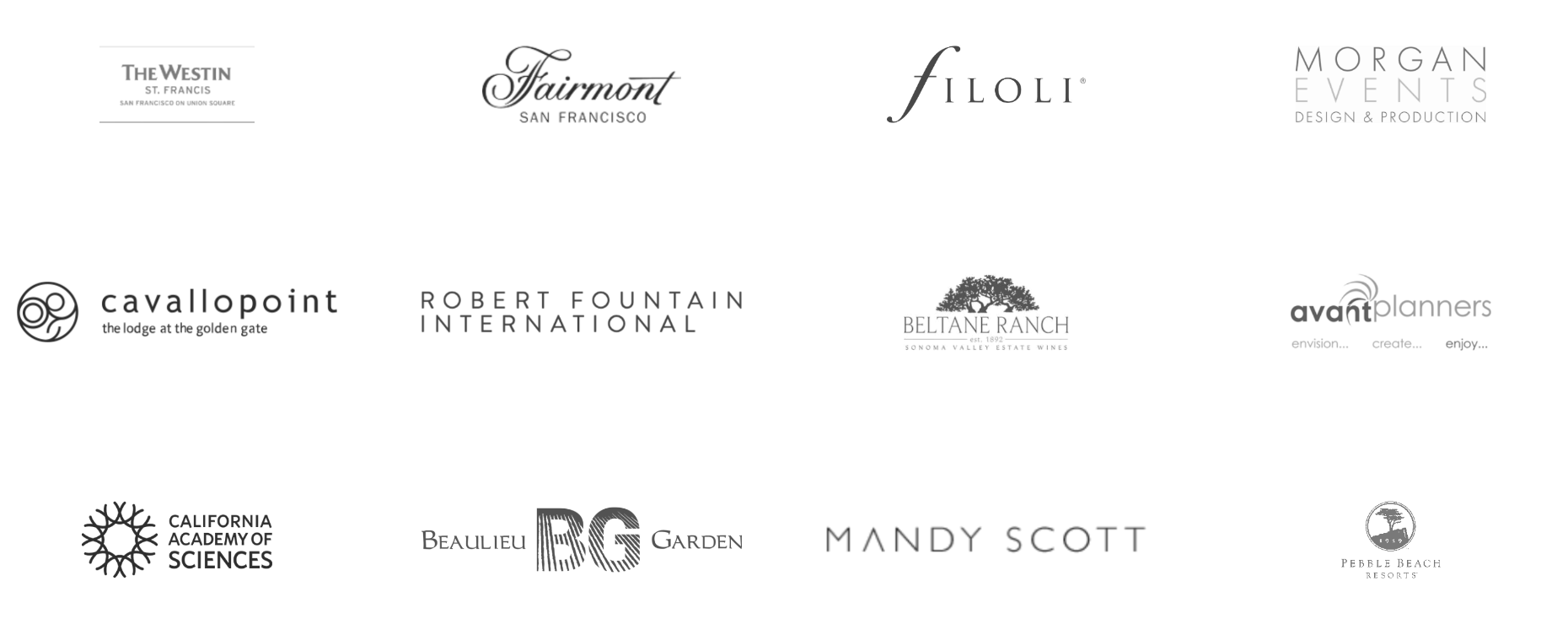 Collection of various event and venue logos, including The Westin, Fairmont, Filoli, Morgan Events, Cavallo Point, Robert Fountain International, Belair Ranch, Avant Planners, Beaulieu Garden, Mandy Scott, Pebble Beach Resort, and other lesser-known brands.