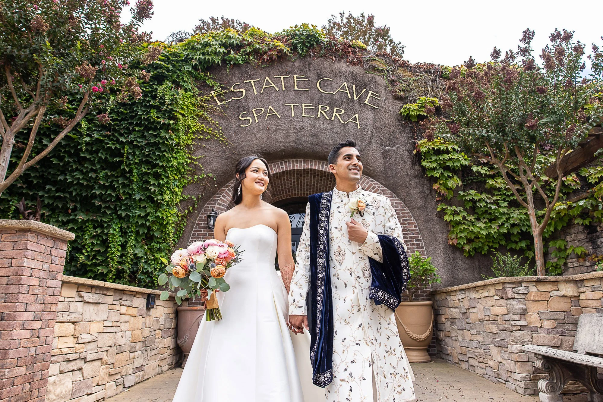 Bride and groom outside the Estate Cave at the Meritage Resort, Napa Valley