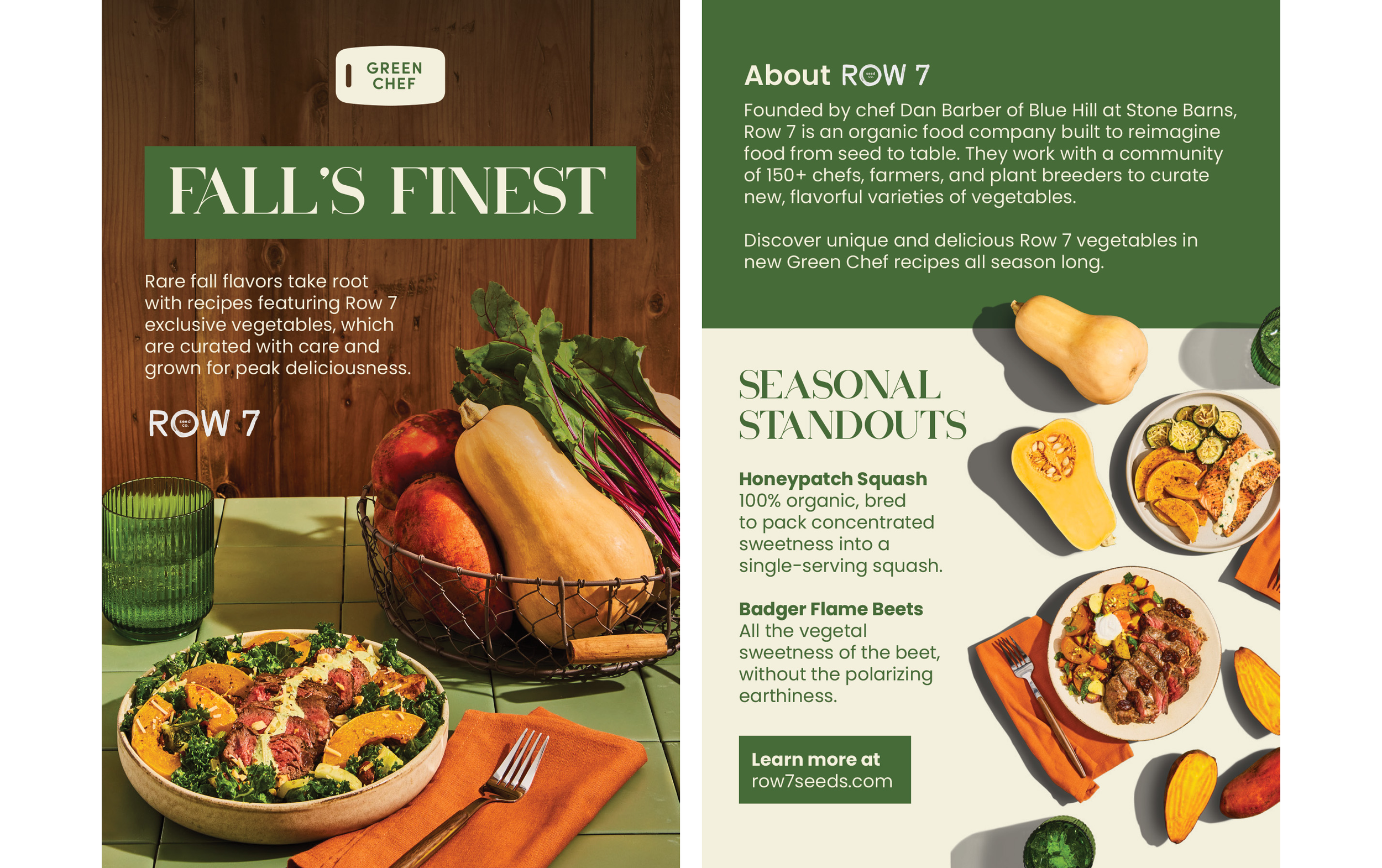 A promotional flyer for fall vegetables from Green Chef and Row 7, featuring a bowl of salad with sliced citrus fruits and greens, a basket of root vegetables like beets and butternut squash, and text about seasonal vegetables and recipes.