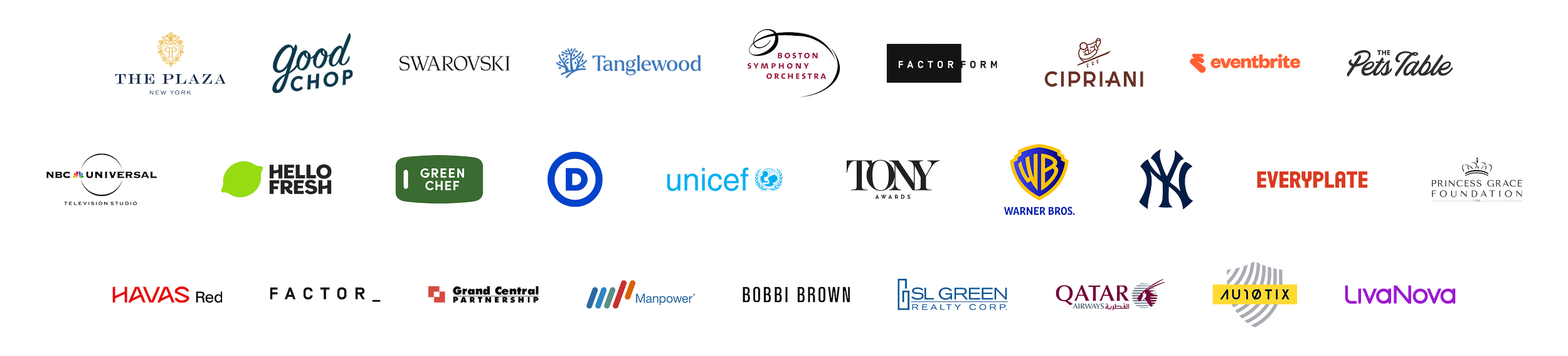 Collage of various company logos on a black background including The Plaza, Swarovski, Boston Symphony Orchestra, The Pets Table, NBC Universal, HelloFresh, Green Chef, Dolby, UNICEF, Tony Awards, Warner Bros., NY Yankees, Everyplate, Princess Grace Foundation, Havas, Factor, Grand Canyon University, Manpower, Bobbi Brown, SL Green Realty Corp, Qatar Airways, Xilion, and UvaNova.