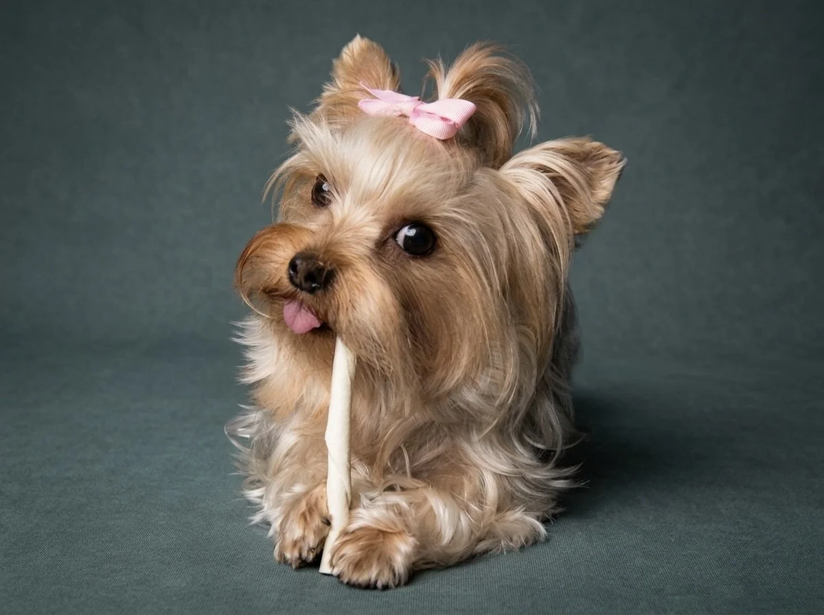 Luxtails Yorkie with a chew stick.