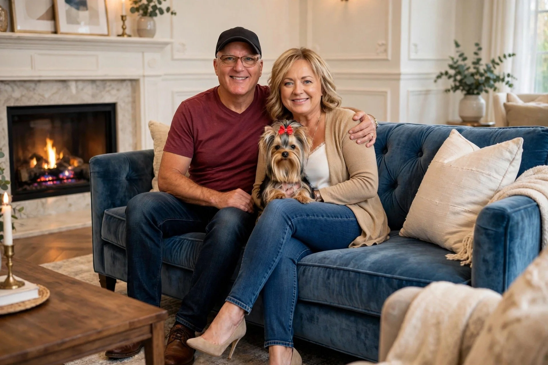 Luxtails Yorkshire Terrier puppy sitting on a couch with owners.