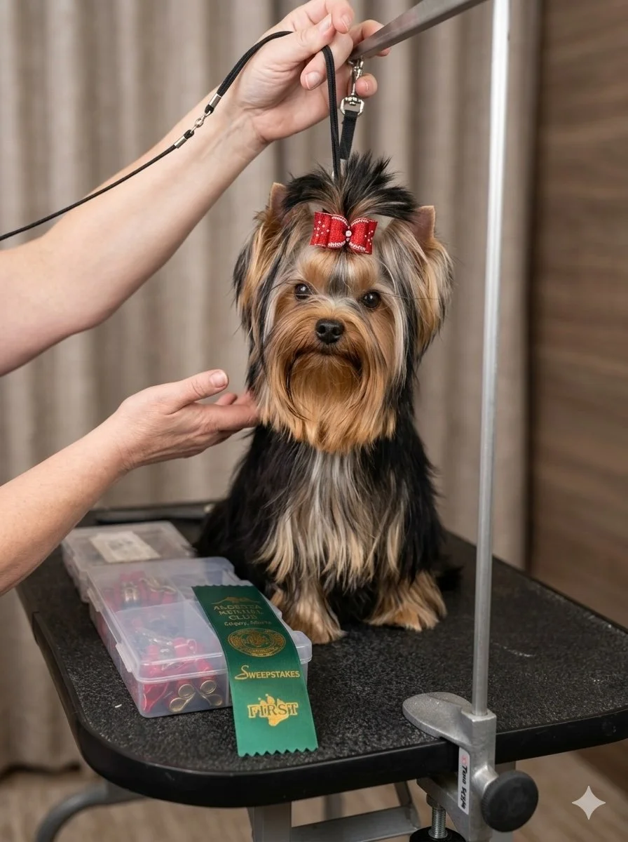 Luxtail Puppy all ready for the next show with a red bow on its head sitting on a grooming table. With his very first ribbon.