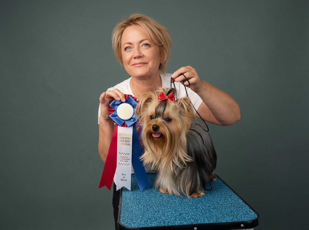 LuxTails Yorkshire Terrier dog with a red bow on its head. The dog has a ribbon award  that says 'Best of Breed.' The woman is smiling slightly against a plain grey background.