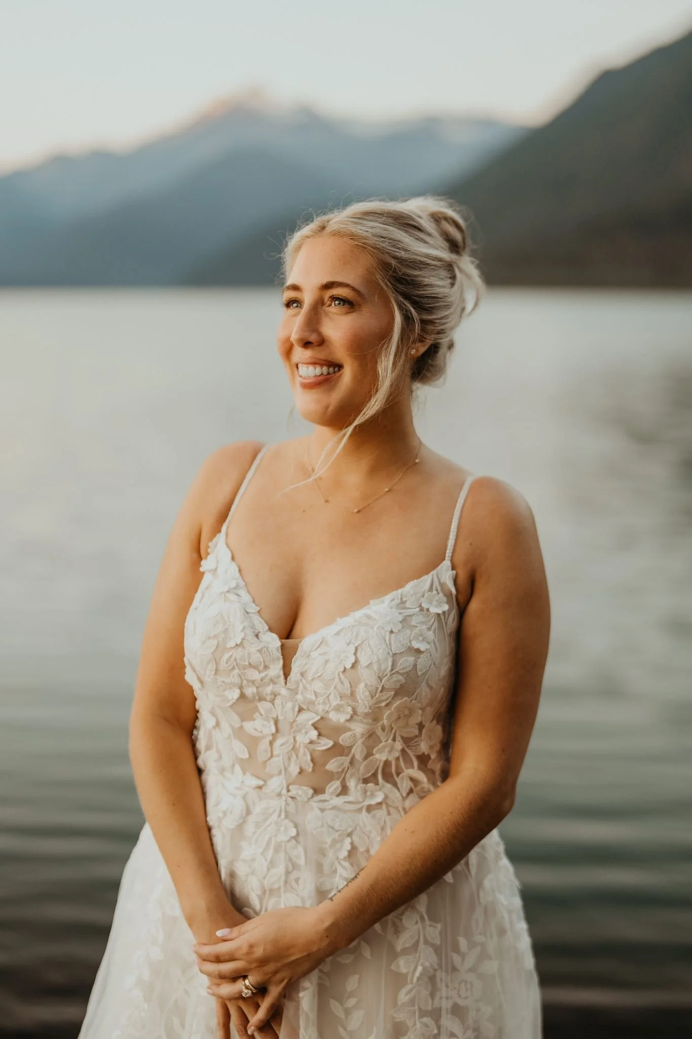 Bride wearing soft wedding hair and airbrush makeup during a Mt. Baker elopement