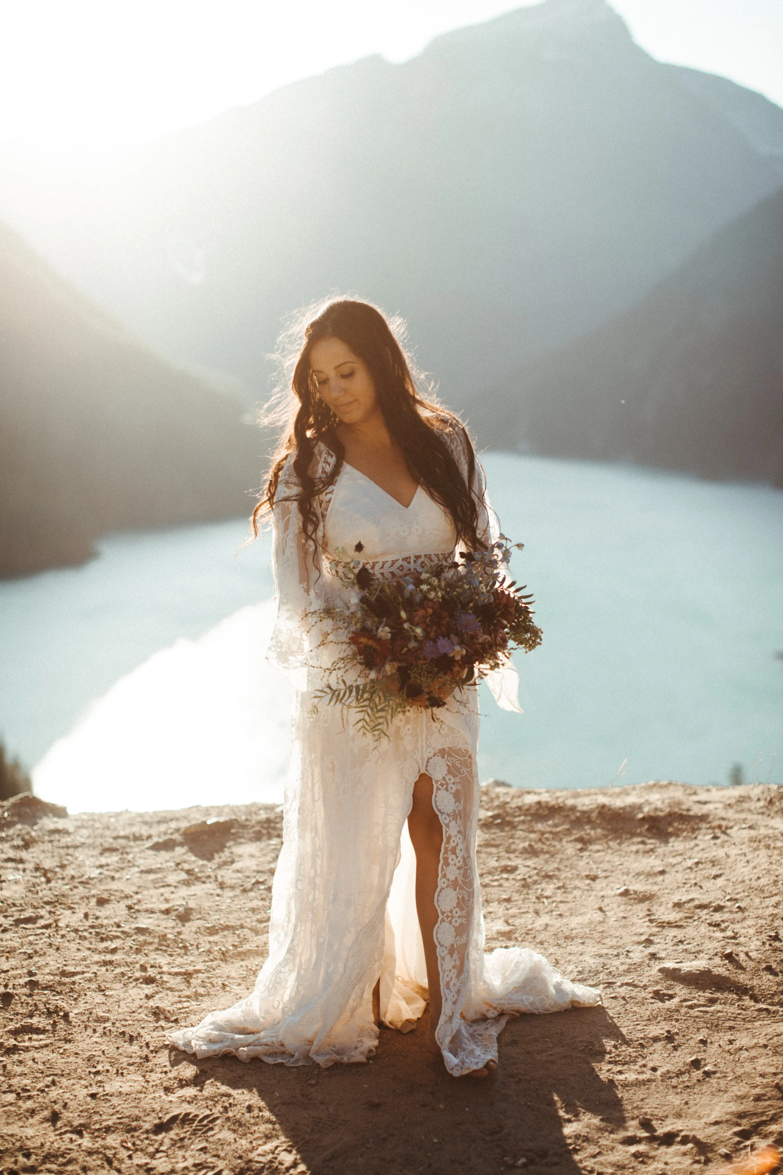 Bride with effortless hair and natural makeup during a Washington mountain elopement, shot by Cara Mia