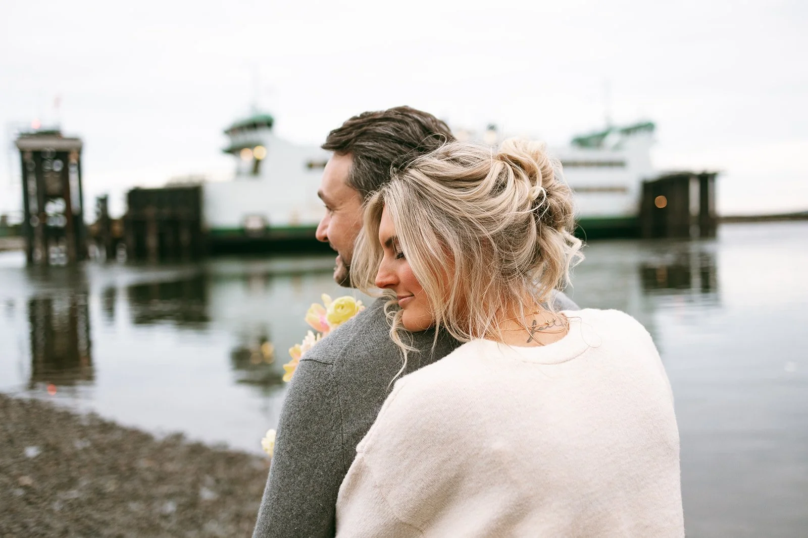 Bride wearing soft wedding hair and airbrush makeup during a Washington State Ferry elopement
