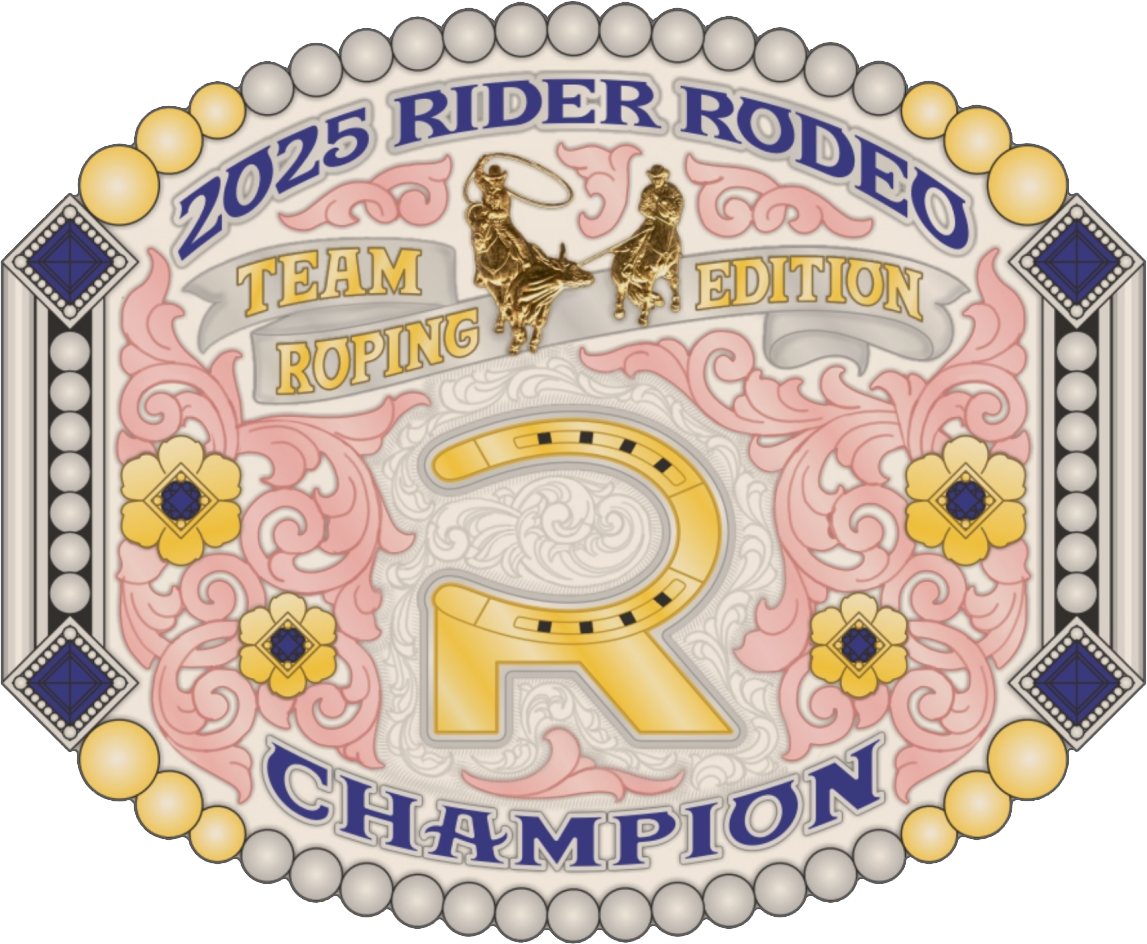 A decorative rodeo championship belt featuring the text '2025 Rider Rodeo Team Roping Edition Champion,' with two golden cowboys roping, a large stylized letter 'R' in the center, and ornate floral and geometric patterns in yellow, pink, gold, blue, black, and white.