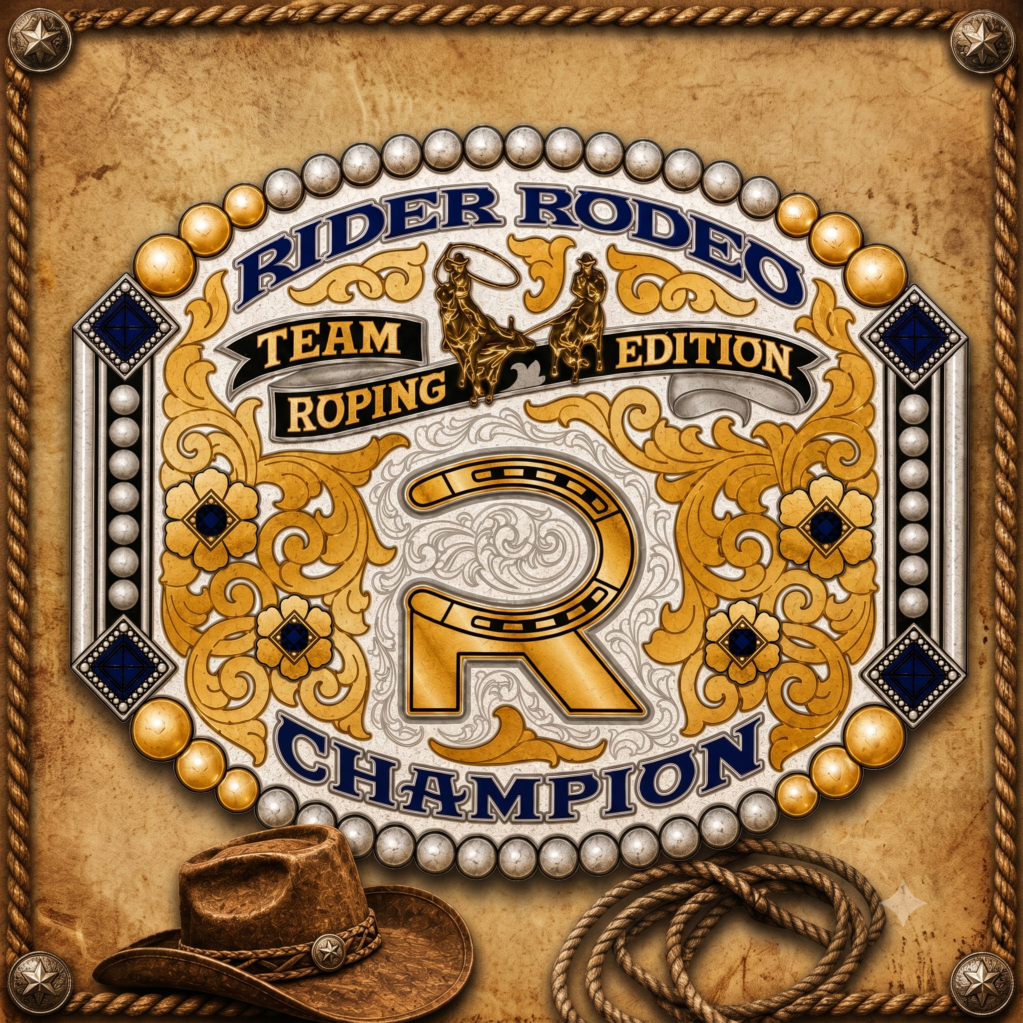 Close-up of a decorative sign with the words 'Rider Rodeo' and 'Champions' surrounded by gold and silver embellishments, cowboy hats, and ropes, indicating a rodeo event.
