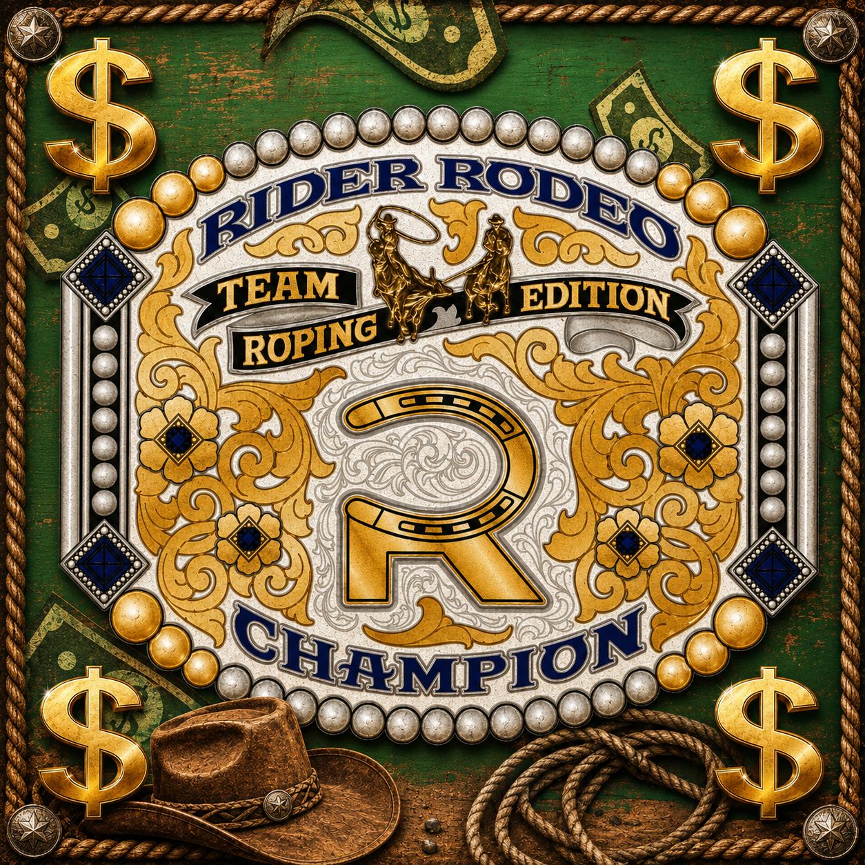 Decorative badge with the text "Rider Rodeo Champion" and "Team Roping Edition", featuring gold and silver accents, a large letter "R" in the center, surrounded by dollar signs, gold beads, roses, and cowboy elements such as a hat and lasso on a green background.