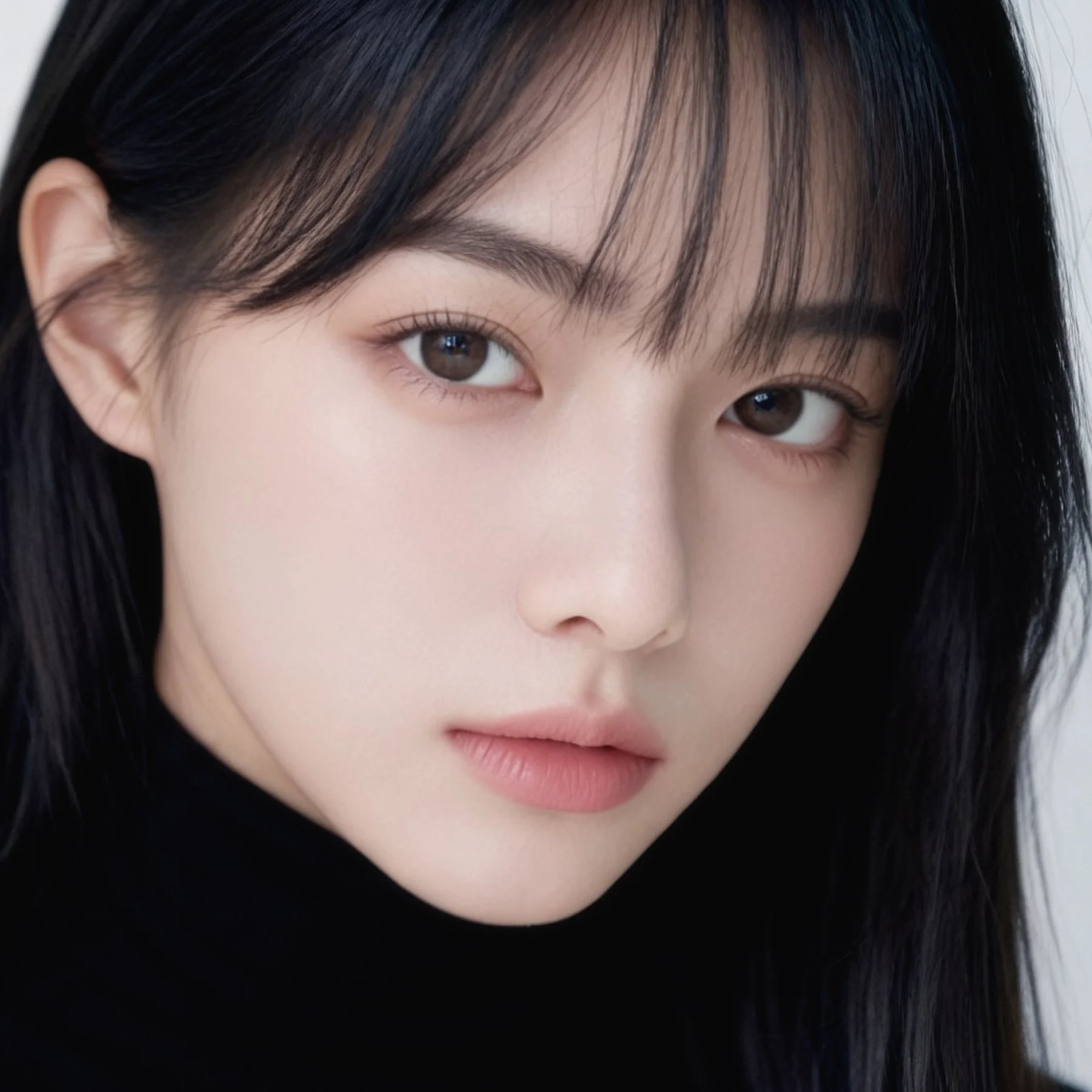 흑단 머리카락과 갈색 눈을 가진 여성의 얼굴 부분 클로즈업