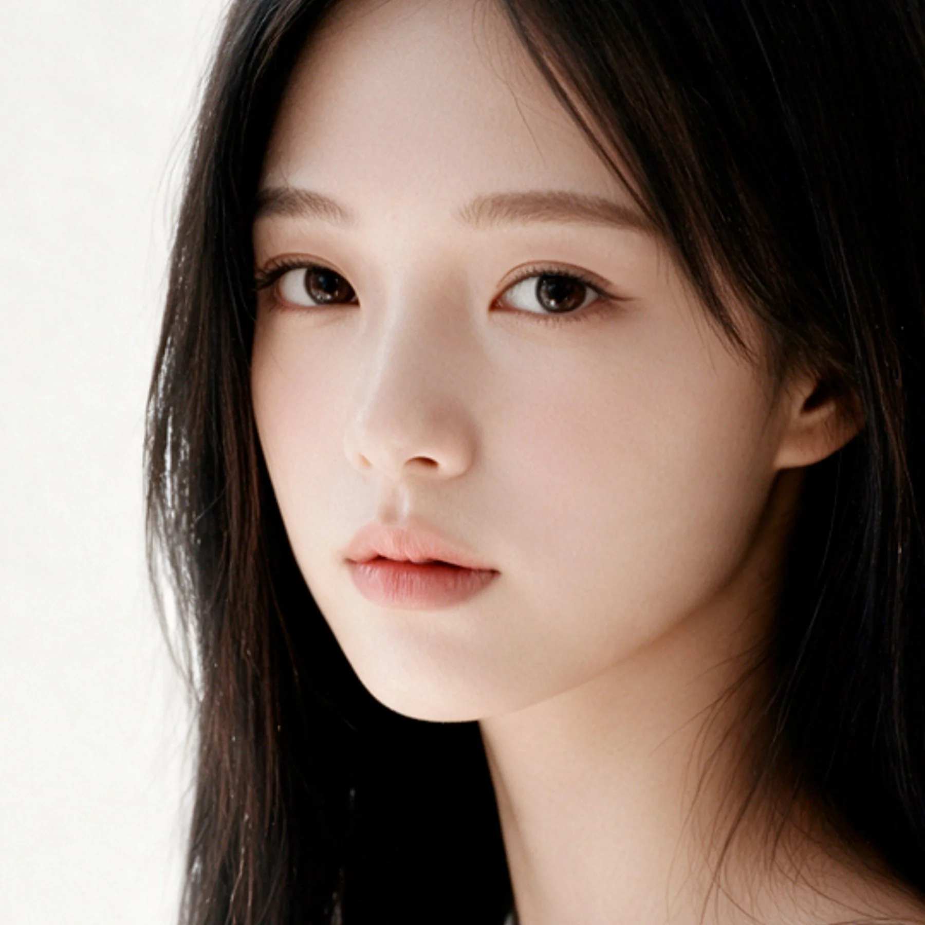 검은 머리카락의 여성 얼굴 일부, 눈과 코, 입이 보임. 배경은 흰색.